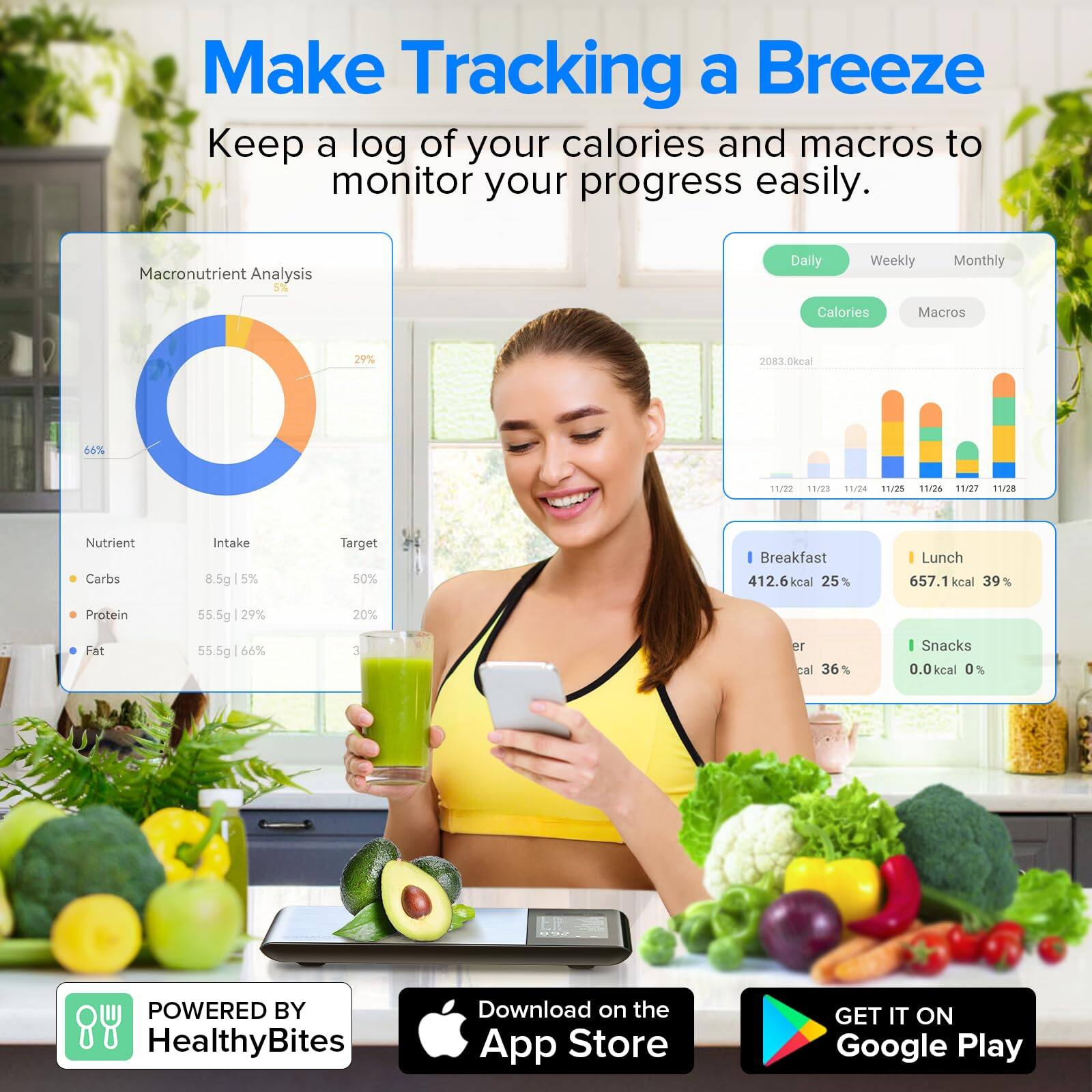 Make Tracking a Breeze  
Keep a log of your calories and macros to monitor your progress easily.

Macronutrient Analysis  
Daily Weekly Monthly  
Calories Macros  
29% 2083.0kcal 66%  
11/20 11/29 11/24 11/25 11/24 11/28  

Nutrient Intake Target  
Carbs 8.5g 5% 50%  
Protein 55.5g 29% 20%  
Fat 55.5g 66%  

Breakfast 412.6kcal 25%  
Lunch 657.1 kcal 39%  
Snacks 0.0kcal 0%  

POWERED BY HealthyBites  
Download on the App Store  
GET IT ON Google Play