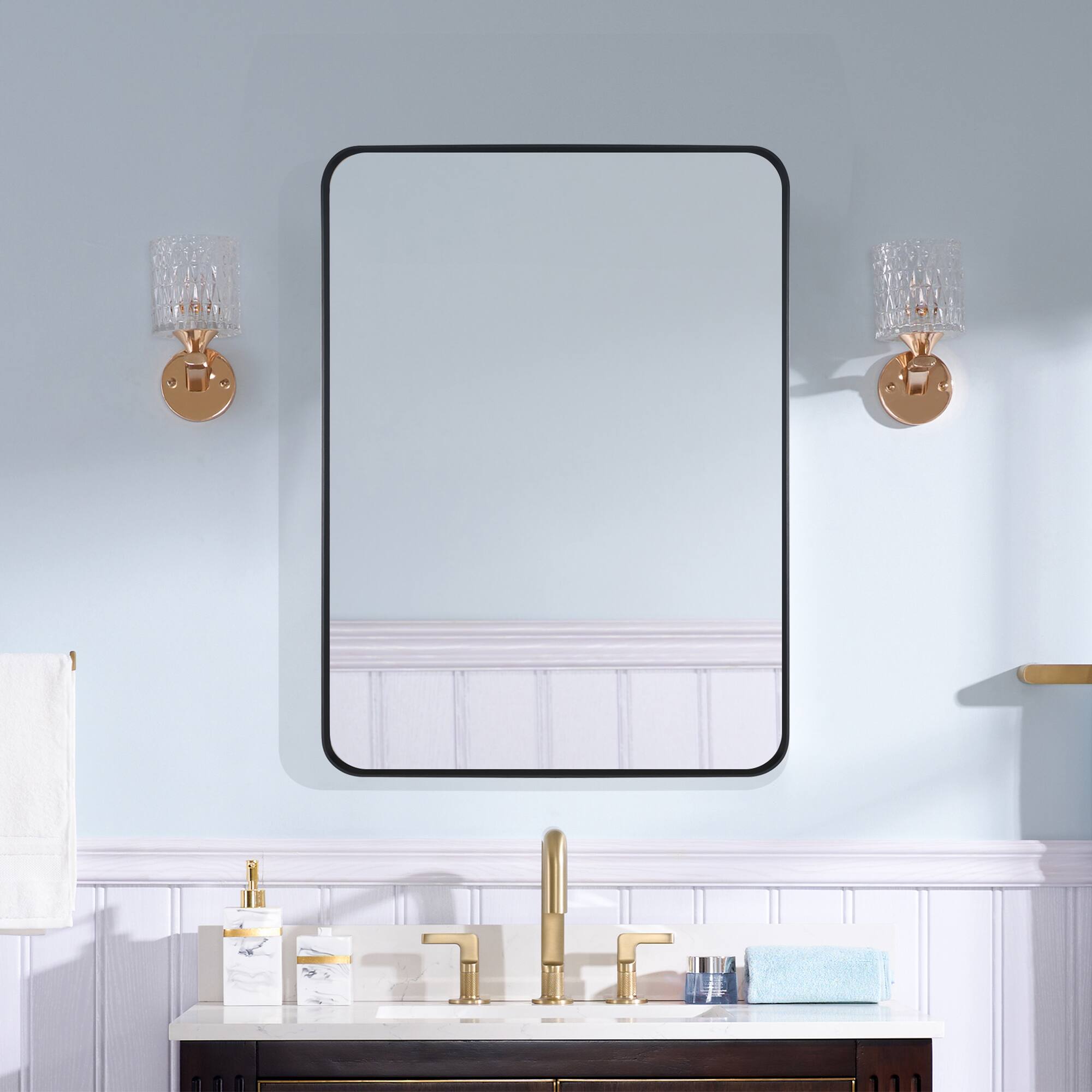 Left. WELLFOR - 24 in. W x 32 in. H Rectangular Aluminum Framed Wall-Mounted Bathroom Vanity Mirror - Matte Black.
