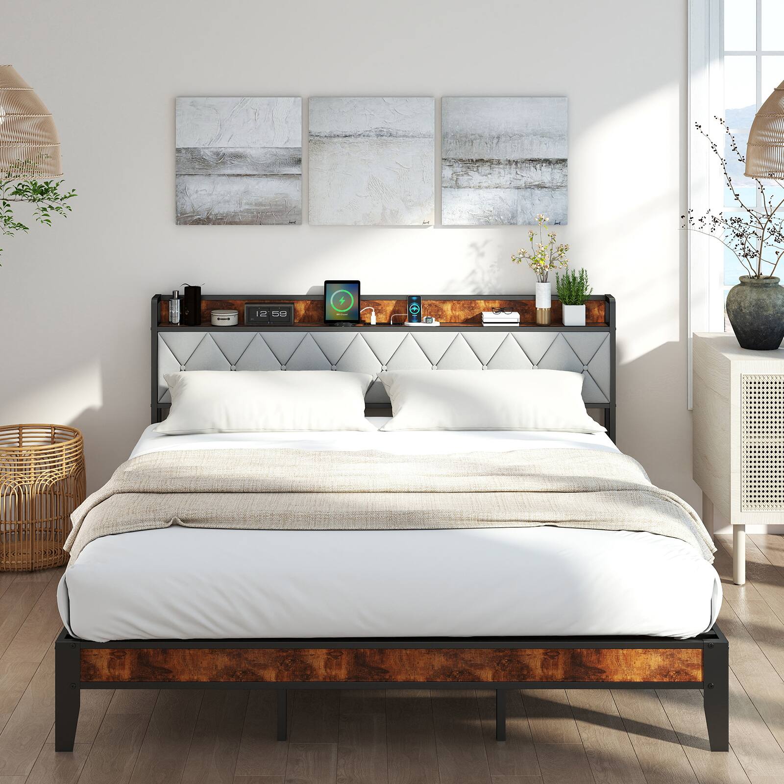 Angle. AENKYO - Queen Size Bed Frame Upholstered Platform Bed with Storage and Charging Port - brown.