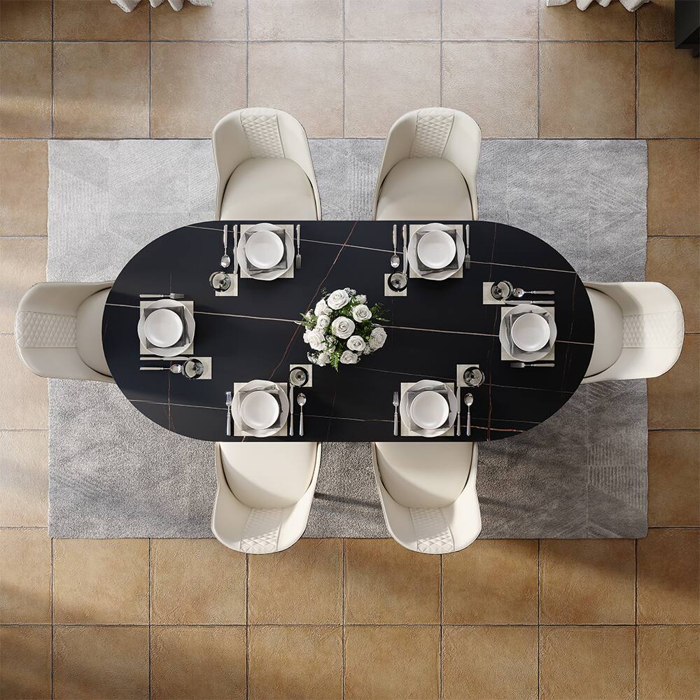 Alt View 2. POVISON - 79"Hobart Modern Oval Dining Table for 6-8, Black Oval Matte Sintered Stone Kitchen Table, Bronze Carbon Steel Base - Black.