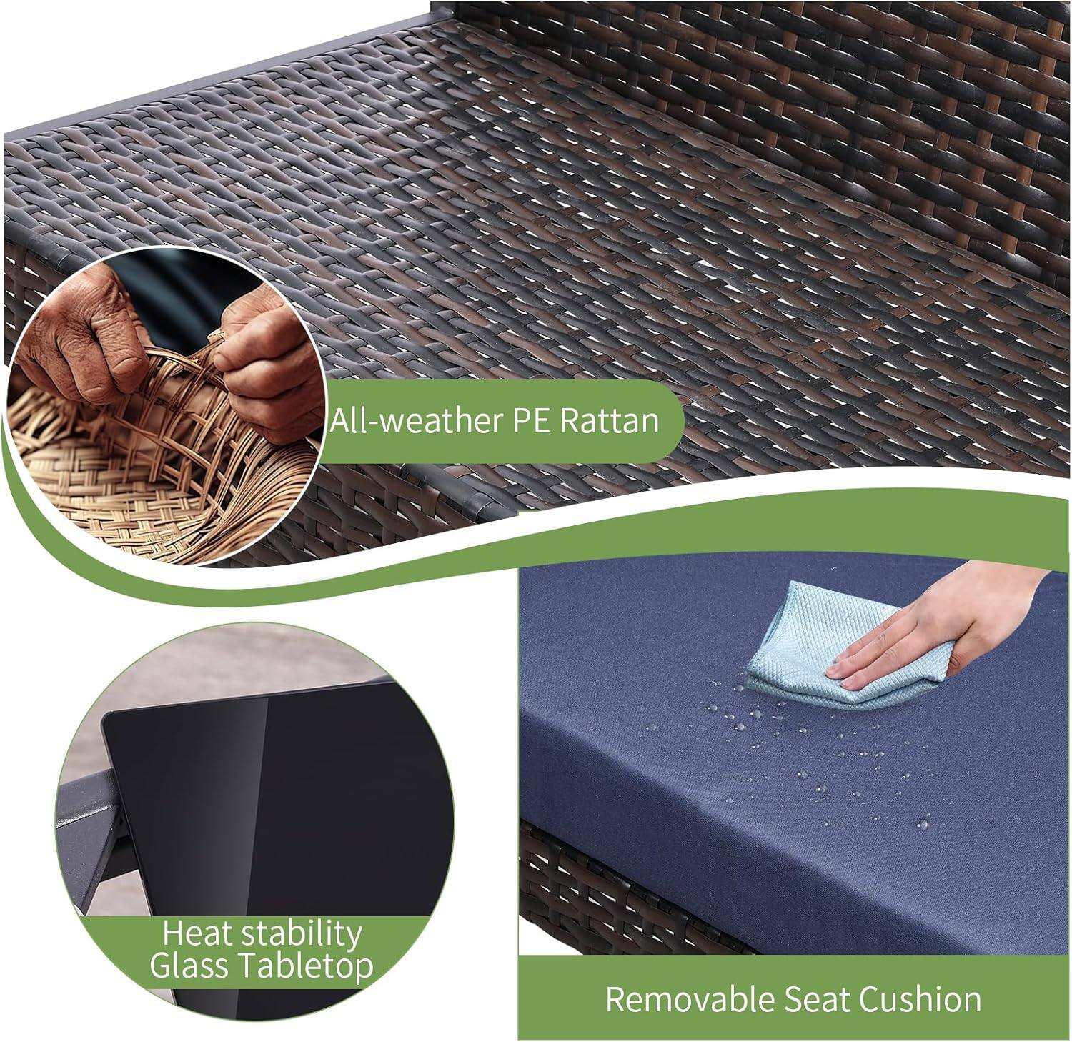 All-weather PE Rattan, Heat stability Glass Tabletop, Removable Seat Cushion