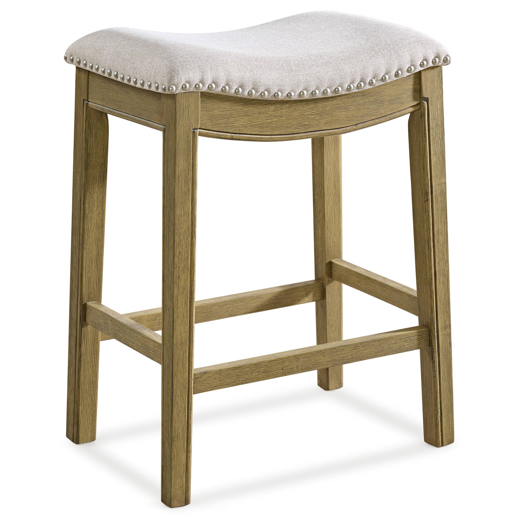 ROME + OAK - Parker Backless Saddle Kitchen Counter Stool, Natural, Cream Fabric - Natural/Wheat - With Nailheads