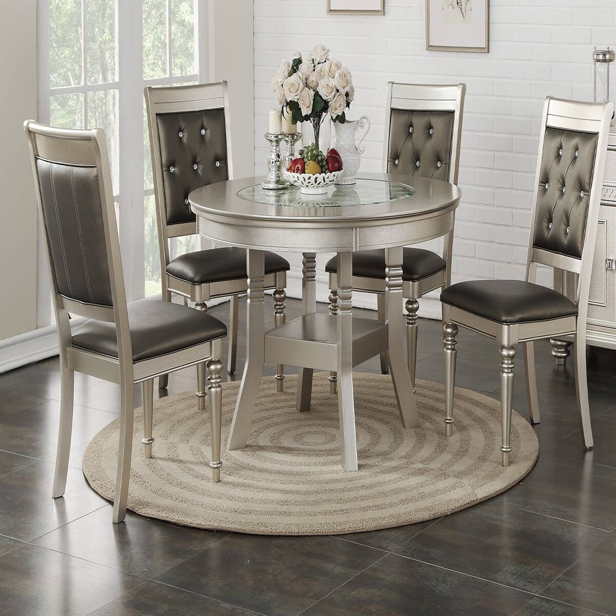 Loheer 48 inch Round Dining Table Gray Finish with Center Glass Top ...