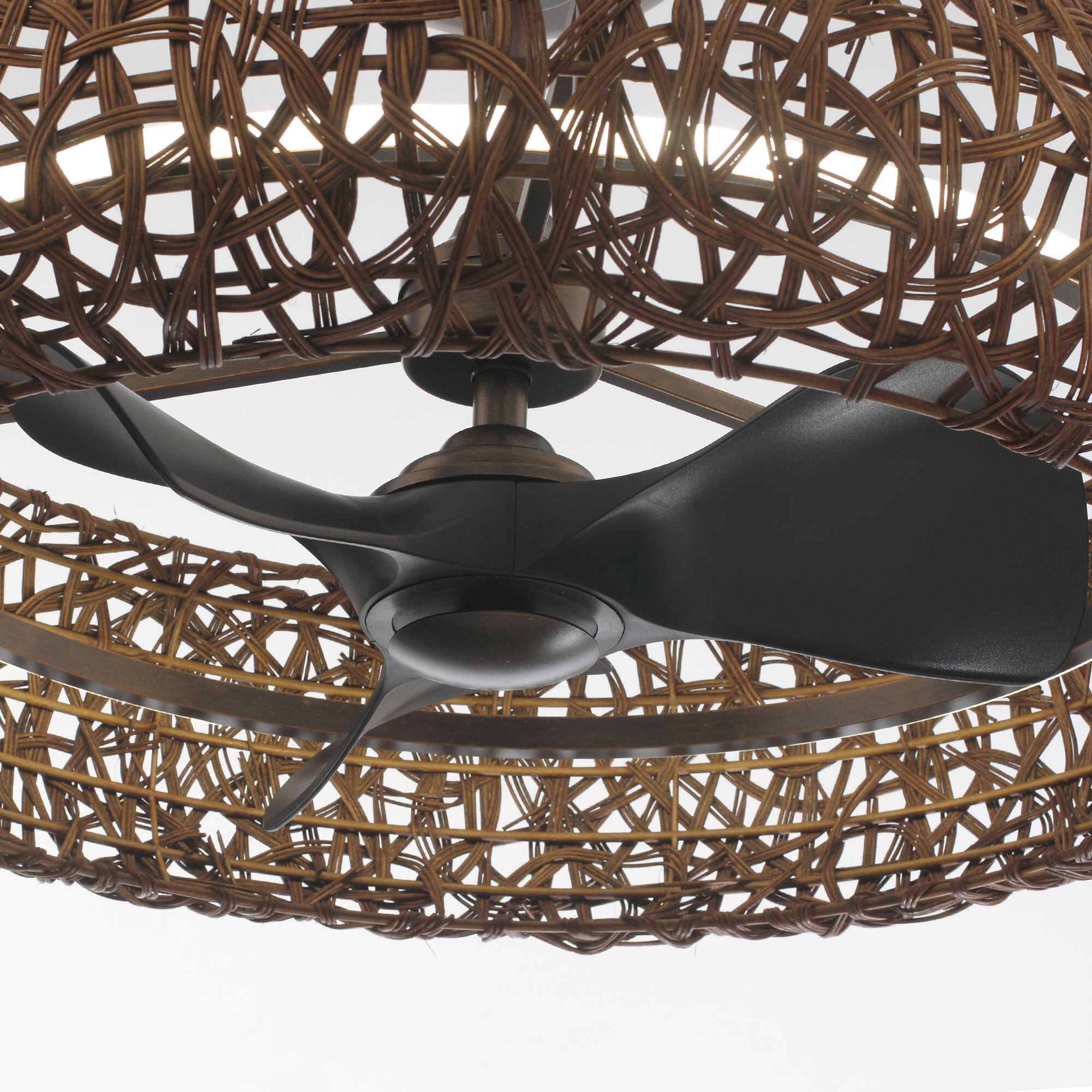 Alt View 5. Perimost - 35" Rusted Bronze Handmade Rattan Caged 3-Blade Ceiling Fan Chandelier with Remote - Gold.