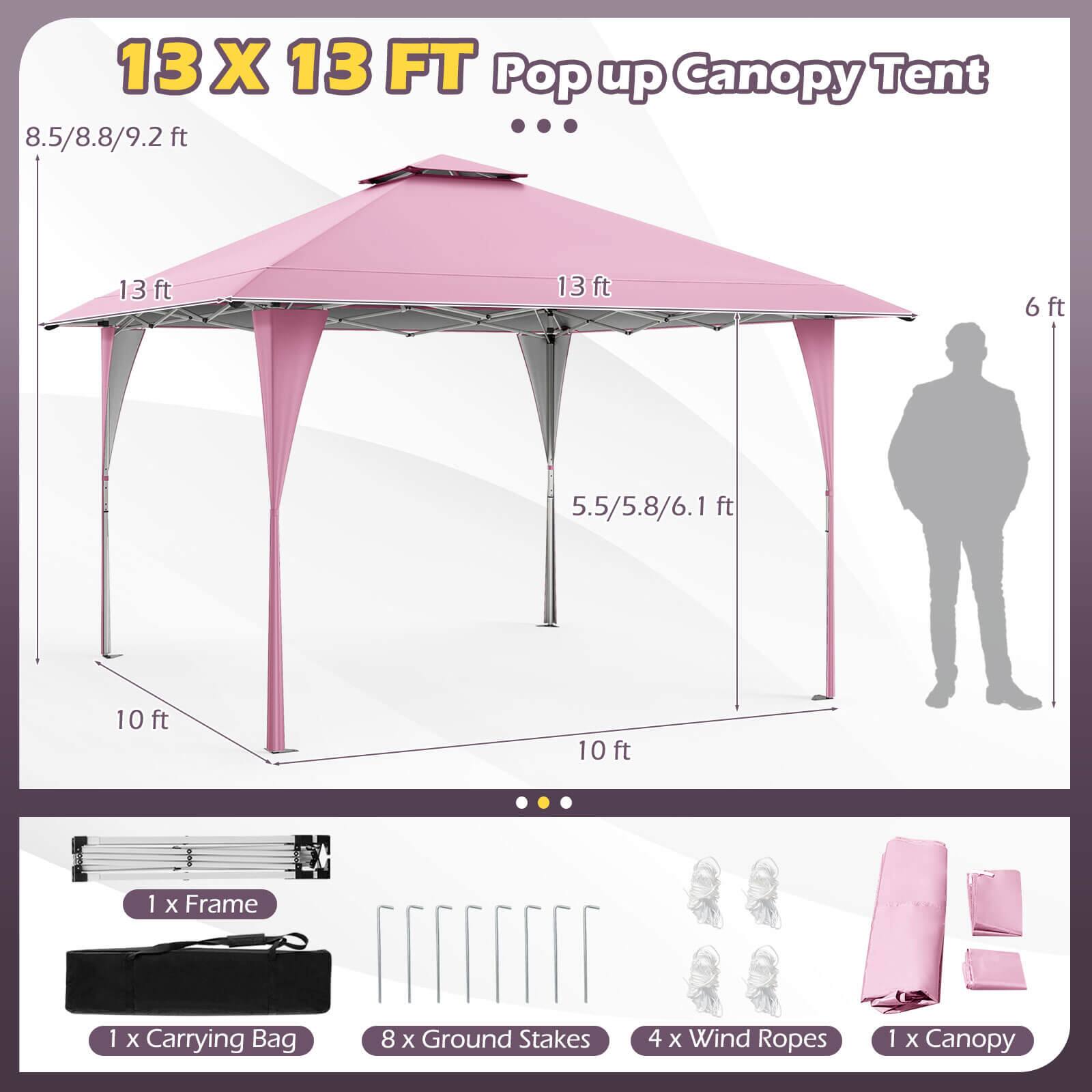 13X13FT, 13 X 13 FT Pop up Canopy Tent, 8.5/8.8/9.2 ft, 13 ft, 13 ft, 6 ft, 5.5/5.8/6.1 ft, 10 ft, 10 ft, 1 x Frame, 1 x Carrying Bag, 8 x Ground Stakes, 4 x Wind Ropes, 1 x Canopy