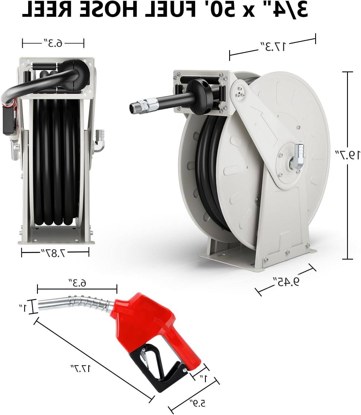 Sure, here is the corrected and grouped text from the image:

- **REEL HOSE FUEL 50' x 3/4"**
- **6.3"**
- **17.3"**
- **19.7"**
- **7.87"**
- **1"**
- **6.3"**
- **9.45"**
- **17.7"**
- **1"**
- **5.9"**
- **8.5"**
- **17.1"**
- **14.2"**
- **2.8"**
- **1"**
- **2.8"**