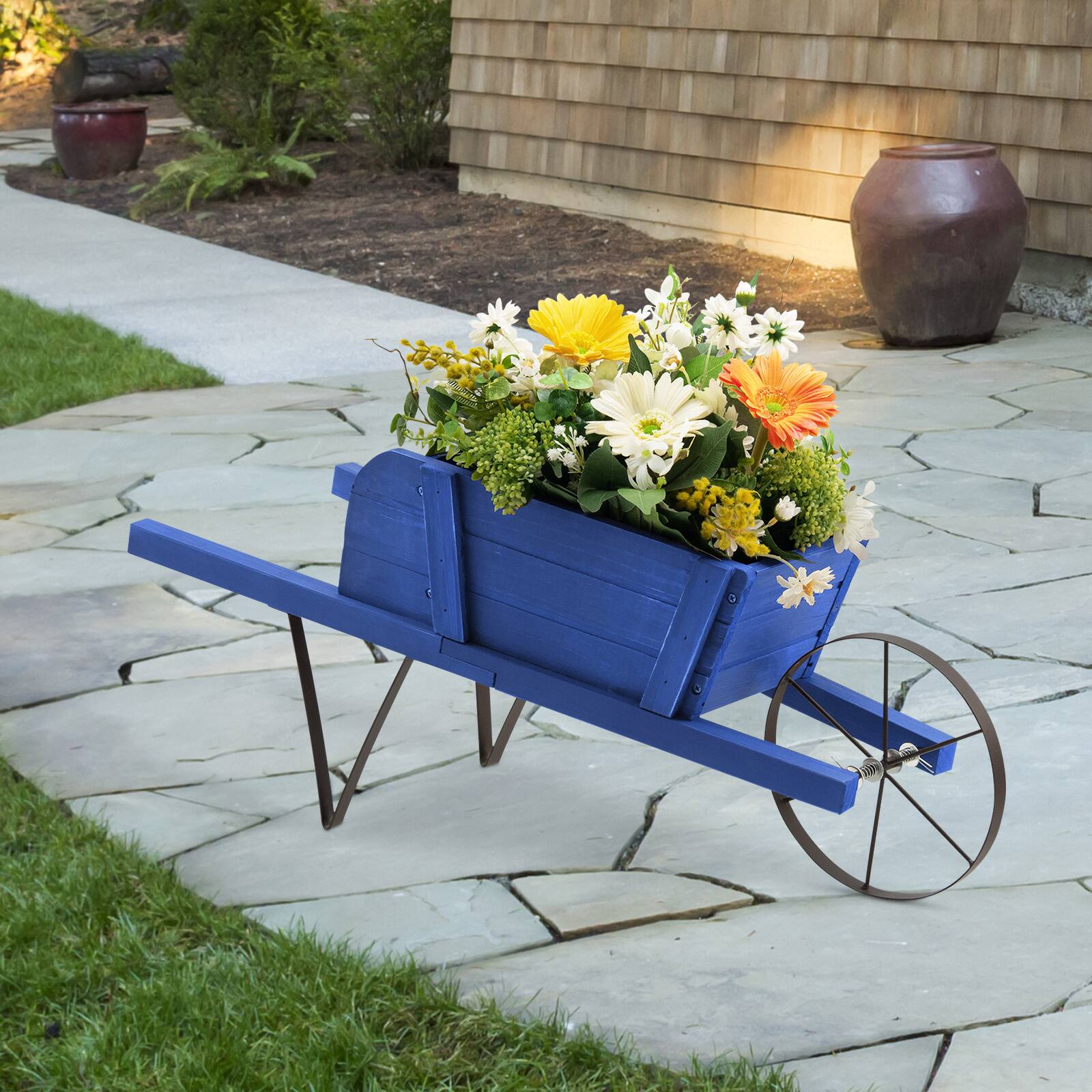 Alt View 1. Costway - Wooden Wagon Planter Decorative Indoor/Outdoor Rustic Flower Cart with Wheel - Blue.