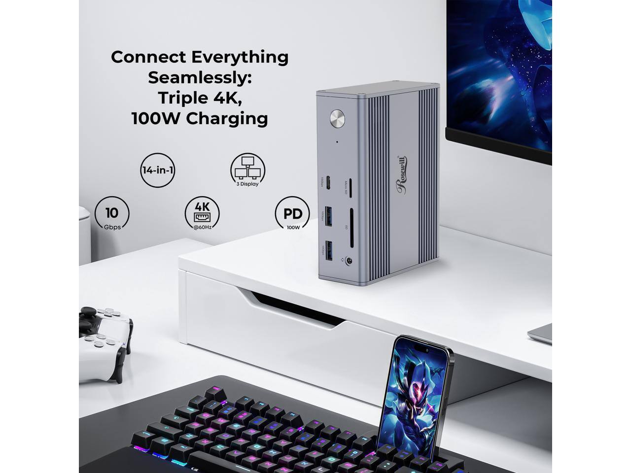Connect Everything Seamlessly: Triple 4K, 100W Charging 14-in-1 3 Display 4K 10 Gbps @60Hz 100W PD