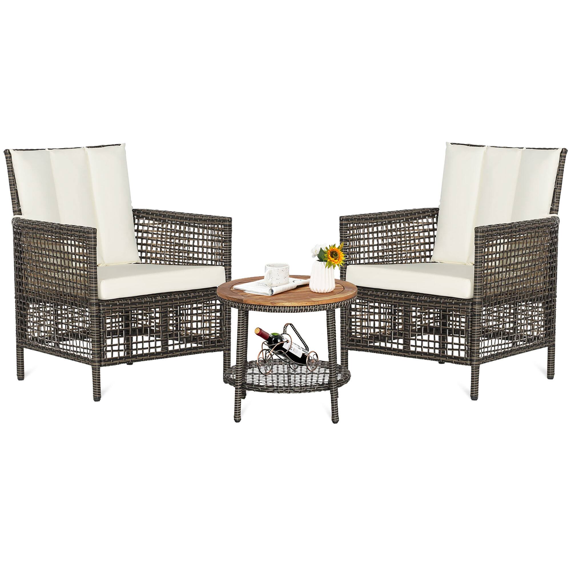 Alt View 1. Gymax - Gymax 3PCS Patio Wicker Bistro Set Furniture Set PE Rattan Table Set w/ Off White Cushions - Off White.