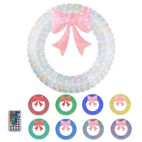 Alt View 1. Winado - 60in Pre-Lit Christmas Wreath with RGB and LED Lights, Bows for Wall Doorway Indoor Outdoor Holiday Party Decorations - Silver/Pink.