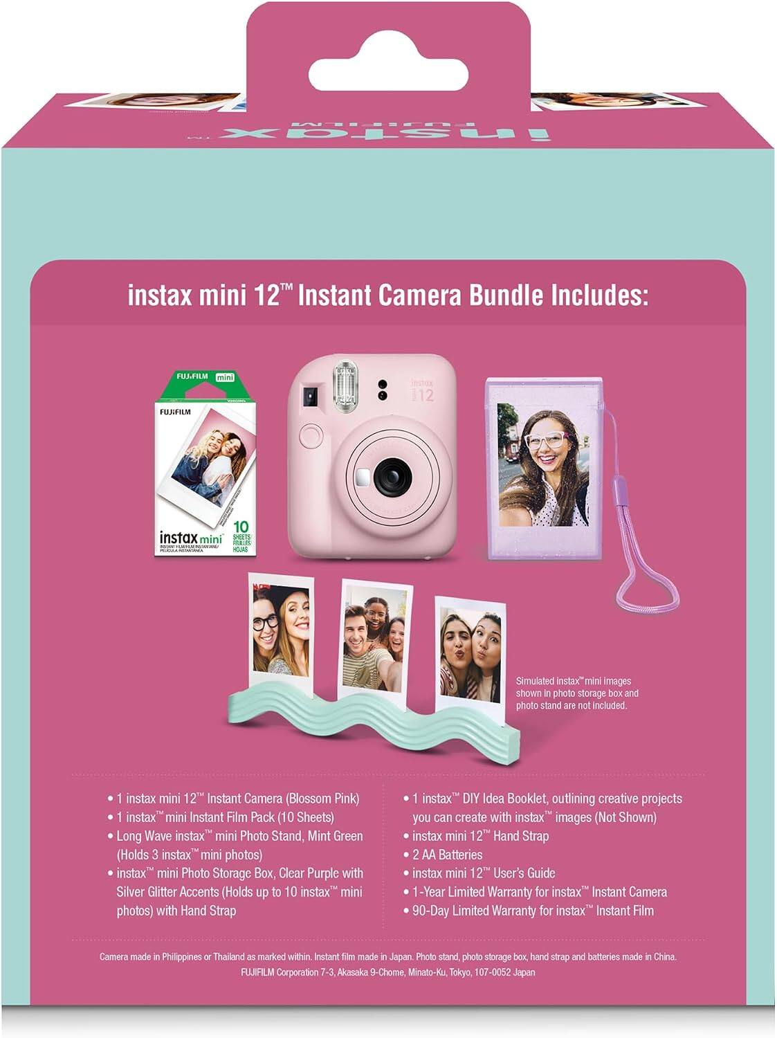 instax mini 12™ Instant Camera Bundle Includes:

FUJIFILM mini

1 instax mini 12™ Instant Camera (Blossom Pink)
1 instax mini Instant Film Pack (10 Sheets)
Long Wave instax mini Photo Stand, Mint Green (Holds 3 instax mini photos)
instax mini Photo Storage Box, Clear Purple with Silver Glitter Accents (Holds up to 10 instax mini photos) with Hand Strap
1 instax DIY Idea Booklet, outlining creative projects you can create with instax images (Not Shown)
instax mini 12™ Hand Strap
2 AA Batteries
instax mini 12™ User's Guide
1-Year Limited Warranty for instax Instant Camera
90-Day Limited Warranty for instax Instant Film

Camera made in Philippines or Thailand as marked within. Instant film made in Japan. Photo stand, photo storage box, hand strap and batteries made in China

FUJIFILM Corporation 7-3, Akasaka 9-Chome, Minato-ku, Tokyo, 107-0052 Japan