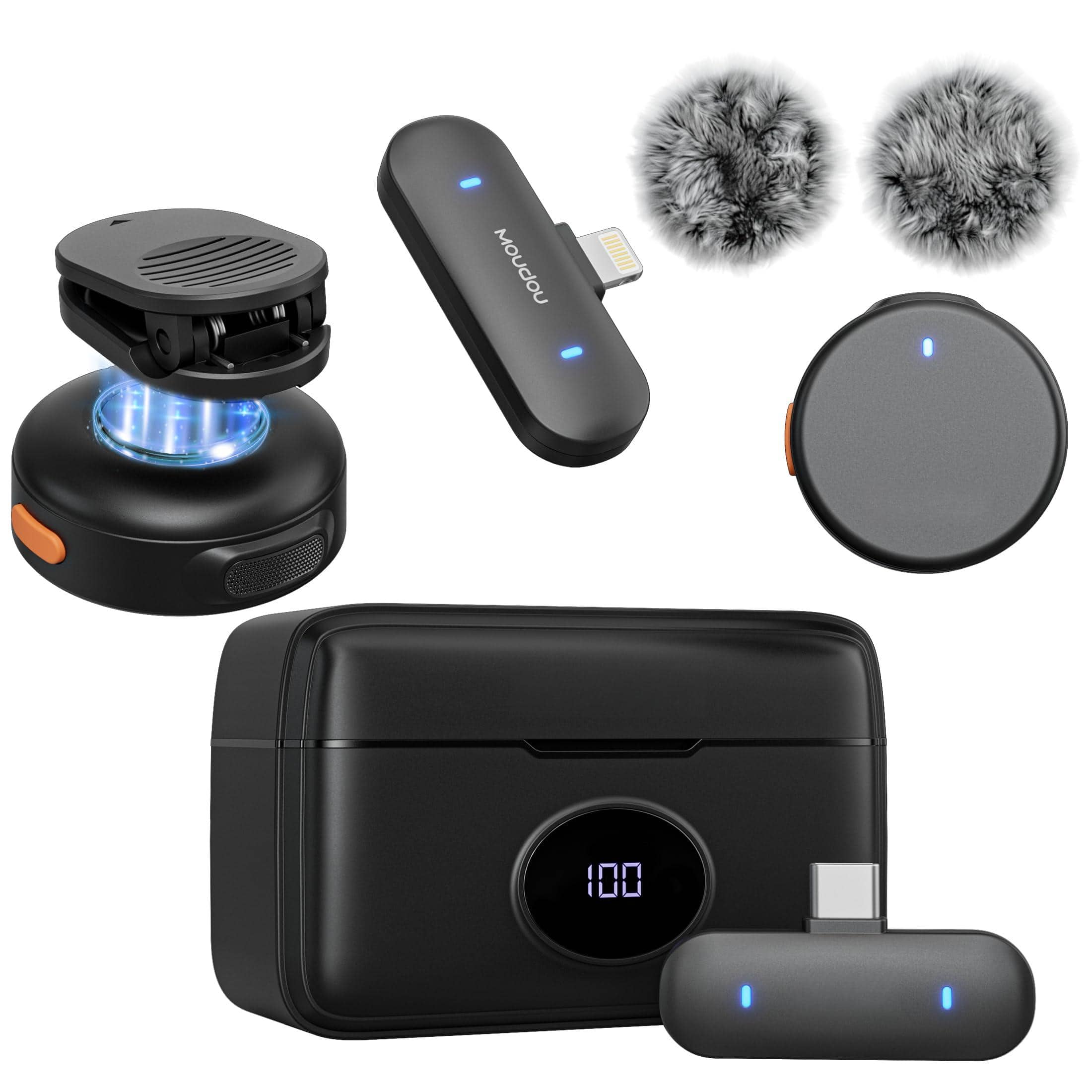 TECH SAFARI - Wireless Lavalier Microphone Mini Mic For 16 15 17 Pro Max Android Phone Charging Case Lapel Clip Mics Vlog - Black Lightning & USB-C