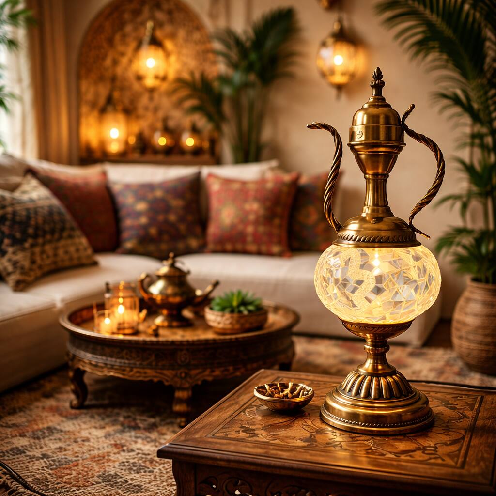 Front. FC Design - 15"H Bronze Stand Vibrant Yellowish Mosaic Ewer-Design Turkish Lamp.