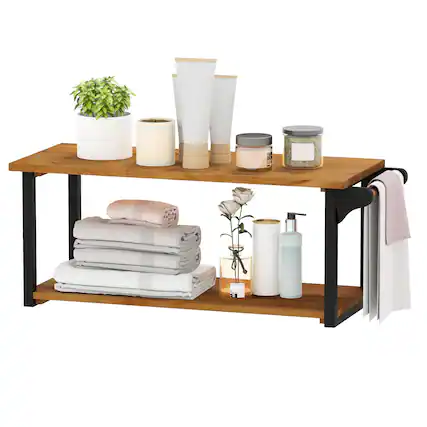 Front. Gymax - Gymax 40.5'' Long 2-Tier Storage Rack w/ Towel Bar Wall Mounted Floating Shelves - Brown.