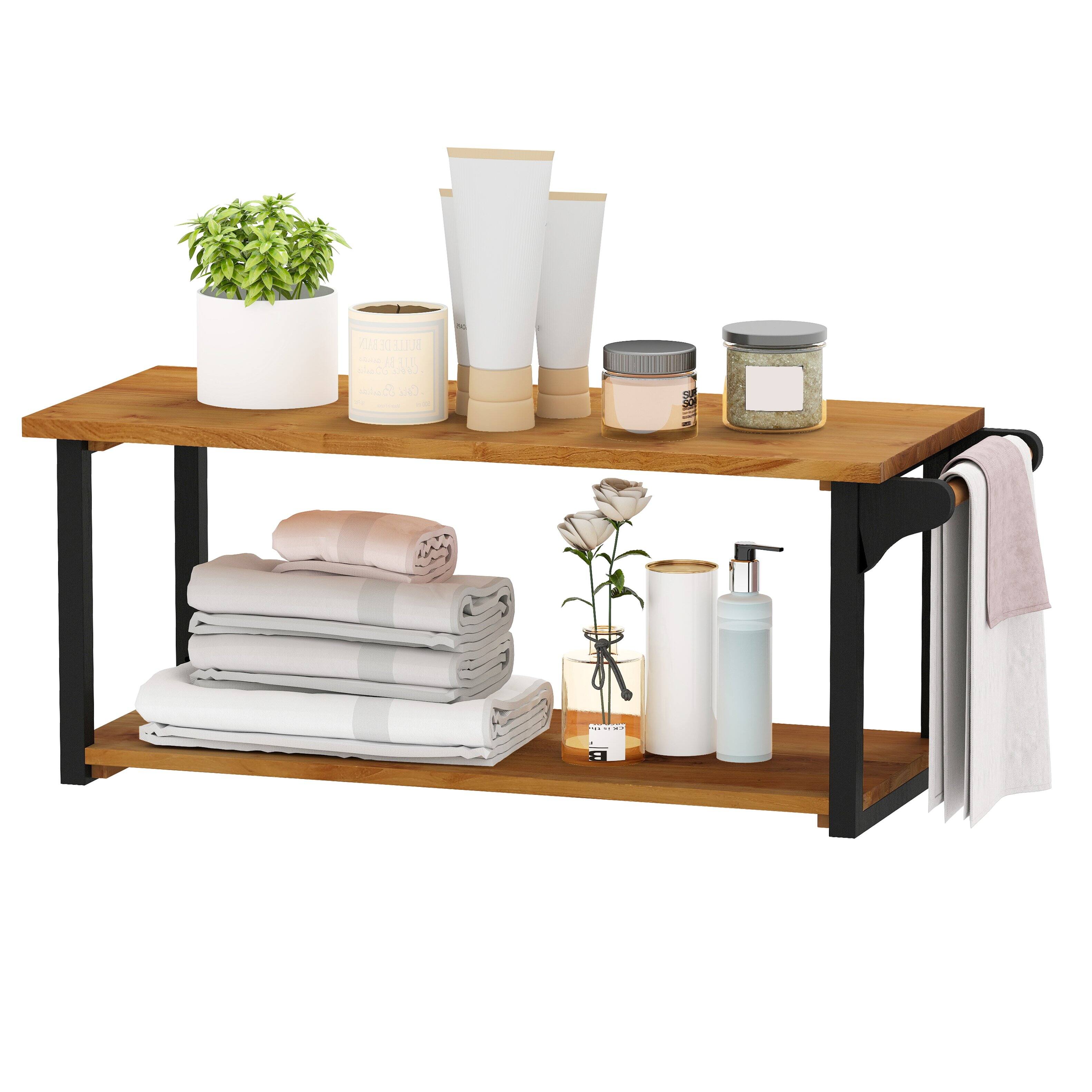 Front. Gymax - Gymax 40.5'' Long 2-Tier Storage Rack w/ Towel Bar Wall Mounted Floating Shelves - Brown.