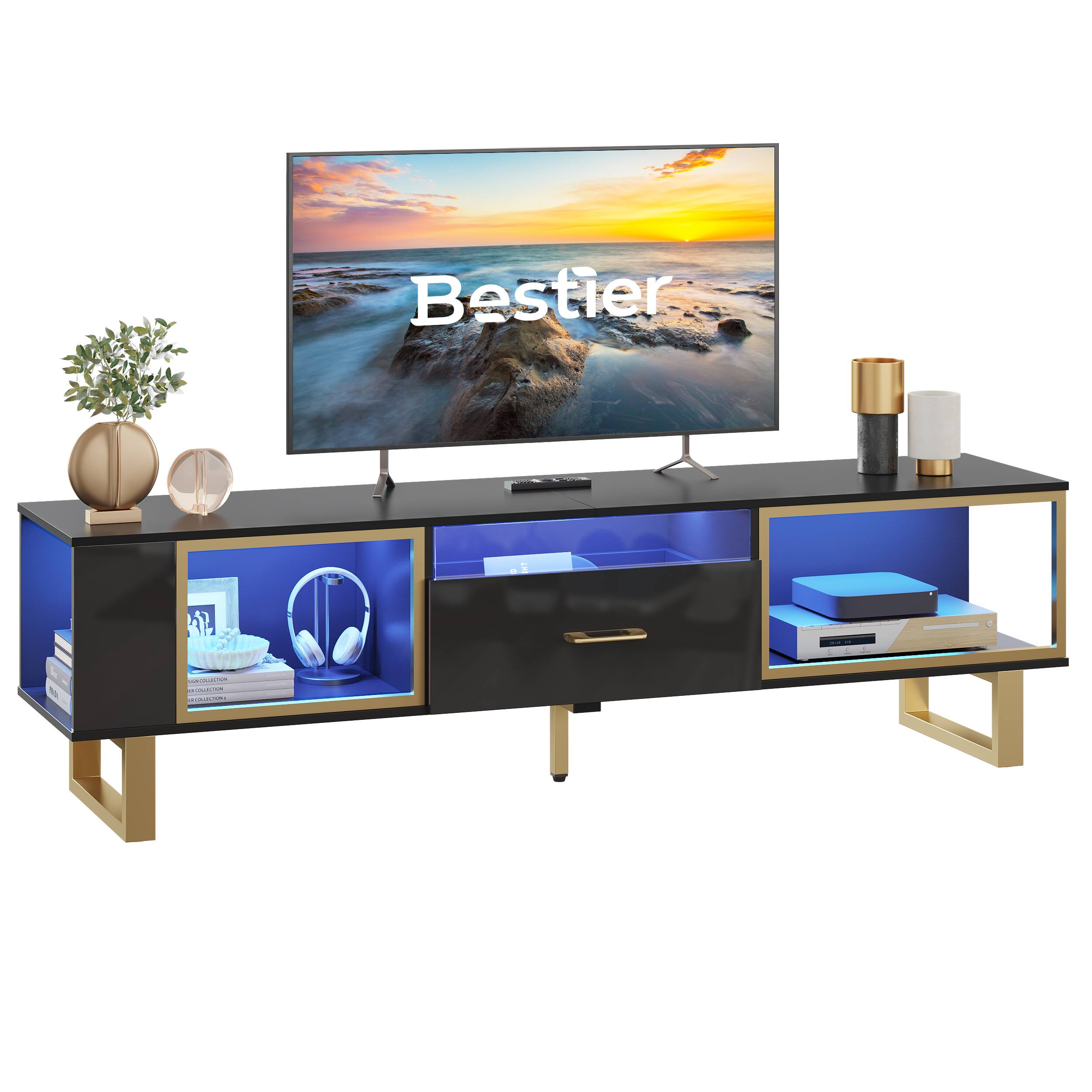 Bestier - LED Gaming TV Stand for TVs up to 80 Inch,Entertainment Center with Drawer & Storage for Living Room - Black Glossy