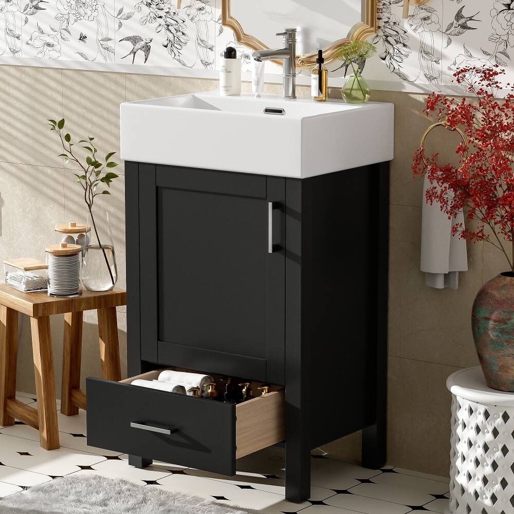 Left. Loheer - Loheer 20 inch black bathroom vanity with ceramic sink, small bathroom vanity with drawer - Black.
