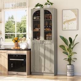 Aheaplus - 80'' Tall Kitchen Pantry Cabinet with Arched Doors and Adjustable Shelves - Wash Gray