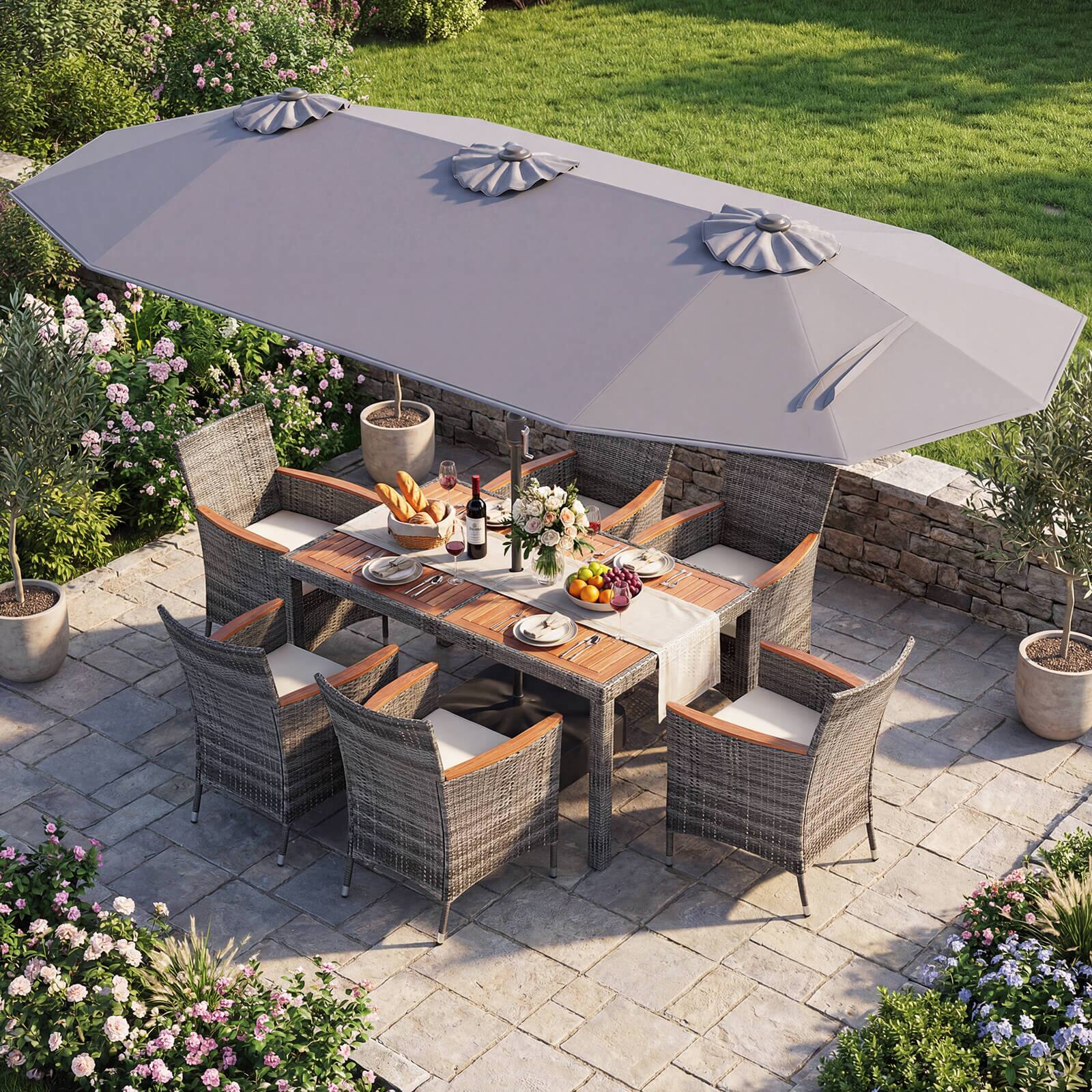 Alt View 3. Costway - Costway 8 PCS Outdoor Wicker Dining Furniture & Double-Sided Umbrella with Solar LED Lights - Gray + Mix Gray.