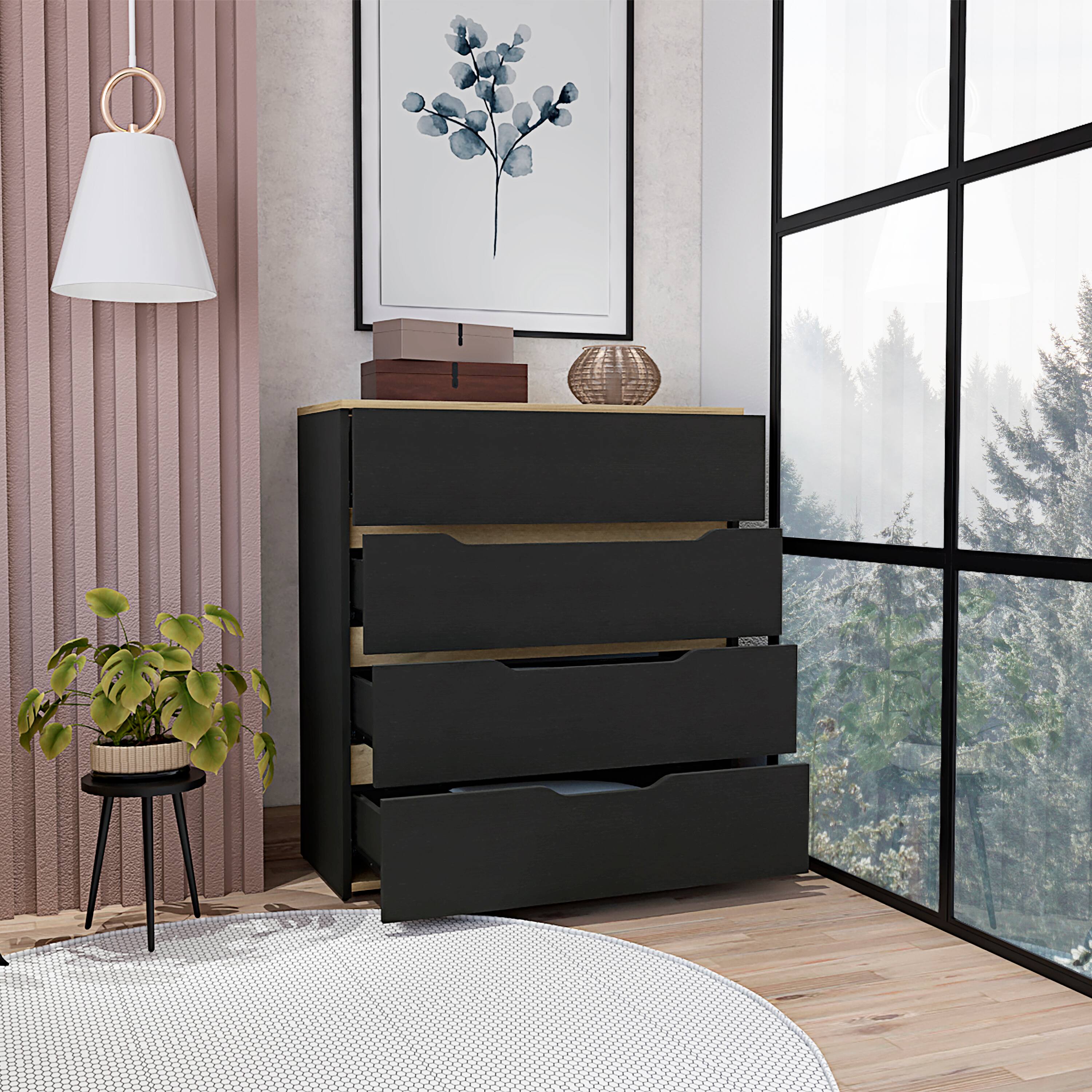 Alt View 1. TuHome - Zoe Dresser, Superior Top, Four Drawers - Black / Light Oak.