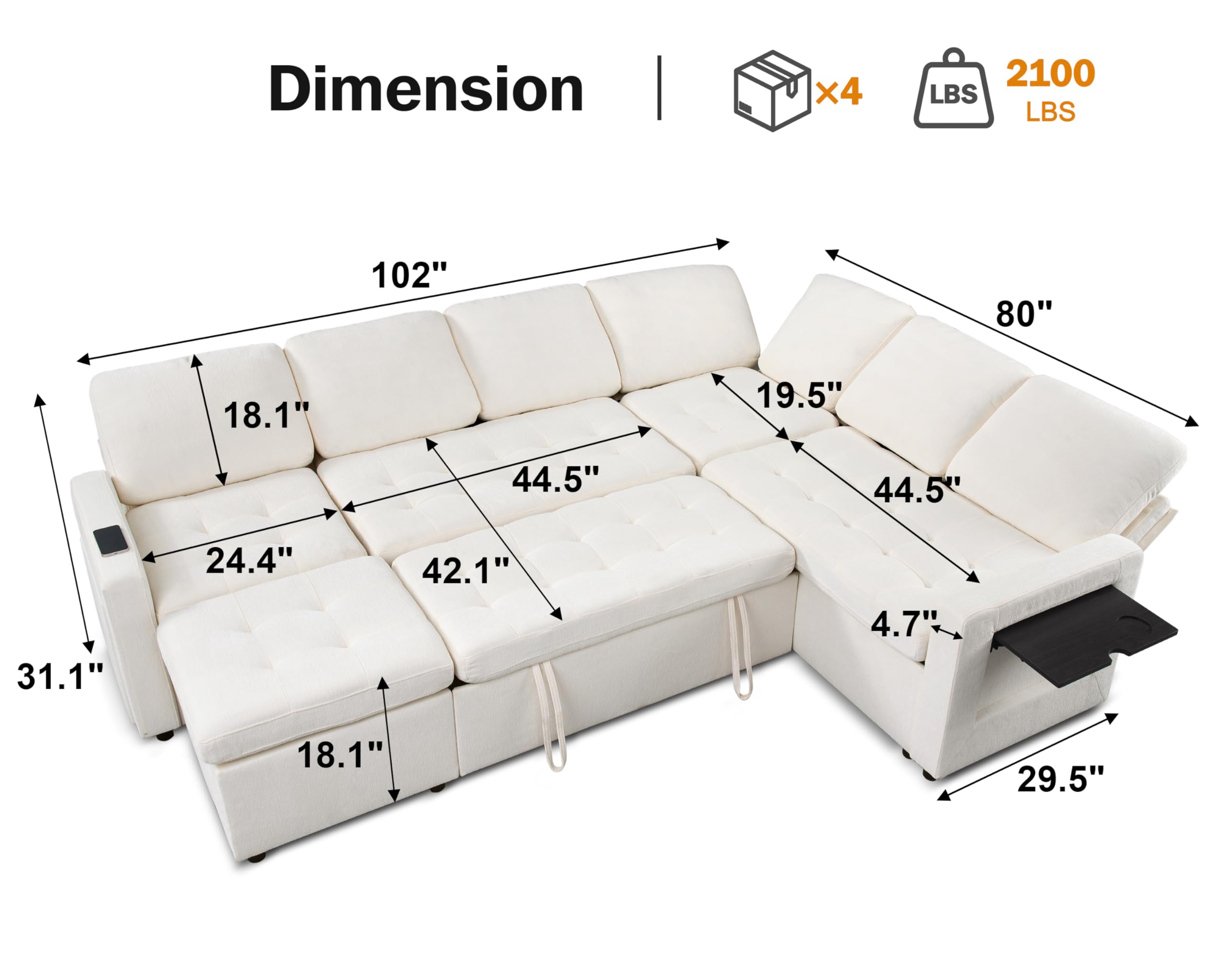 Dimension | x4 2100 LBS  
102" 80" 18.1" 19.5" 44.5" 44.5" 31.1" 24.4" 42.1" 4.7" 18.1" 29.5"