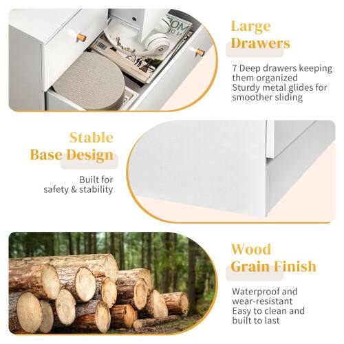 NDE DE OM

Large Drawers
7 Deep drawers keeping them organized
Sturdy metal glides for smoother sliding

Stable Base Design
Built for safety & stability

Wood Grain Finish
Waterproof and wear-resistant
Easy to clean and built to last