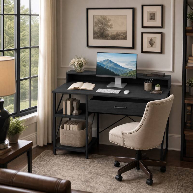 Angle. WELLFOR - 42 Inch Computer Desk with Drawer & USB Power Outlets, Home Office Desk with Storage Shelves - Black.
