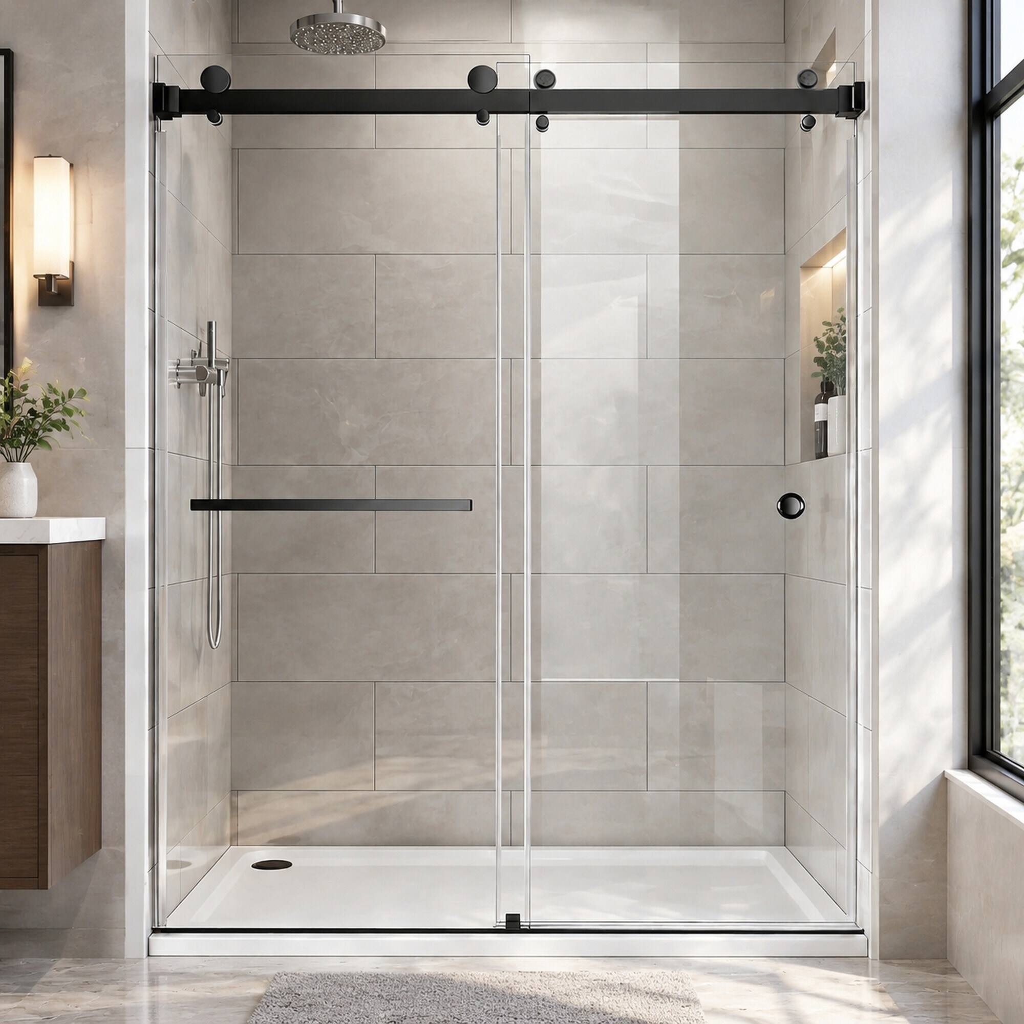 Alt View 4. RYHNUYNE - 55-59 In W X 72 In H Frameless Double Sliding Shower Door, 5/16 In Clear Tempered Glass Matte Black Finish - Matte Black.