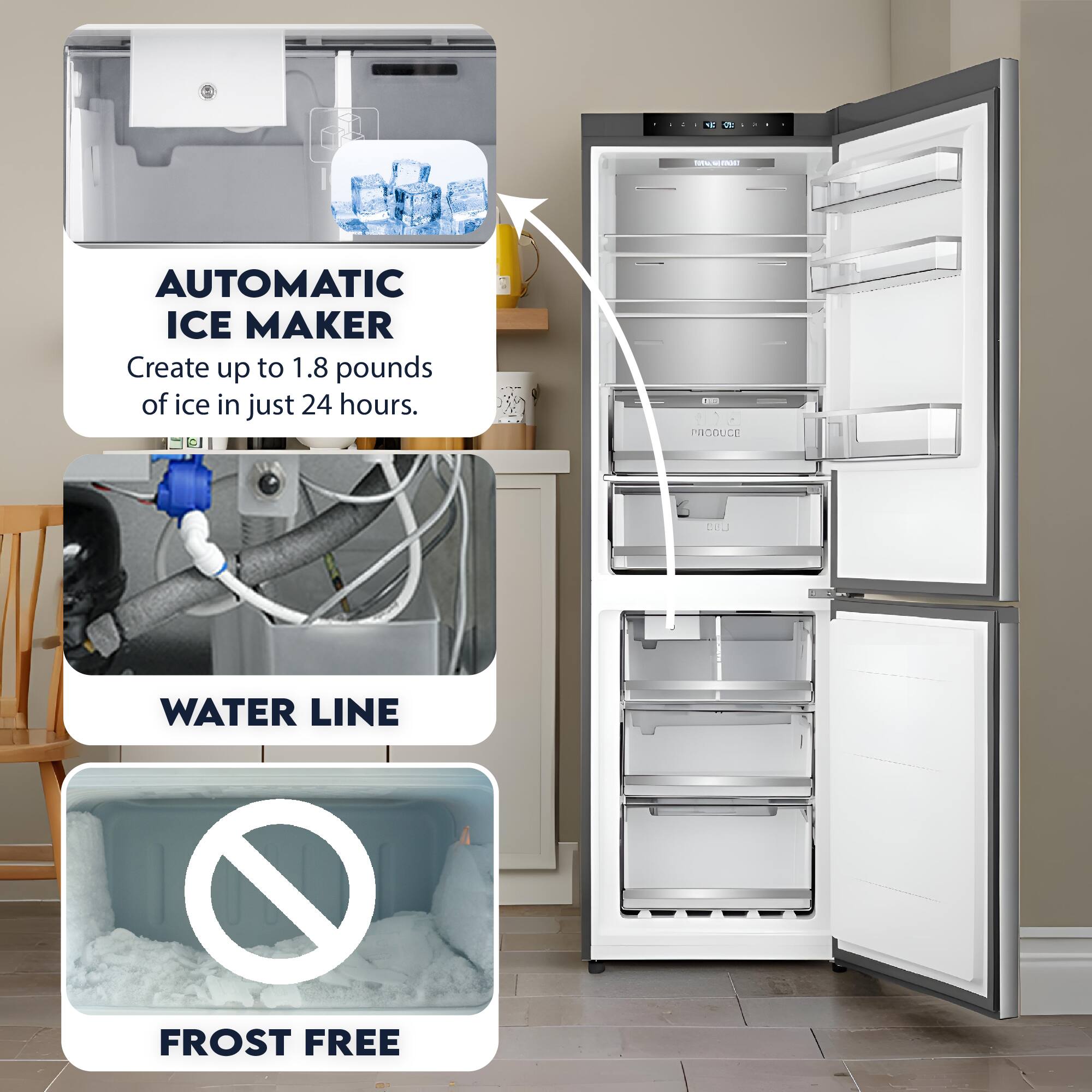 1. **Automatic Ice Maker**  
   Create up to 1.8 pounds of ice in just 24 hours.

2. **Water Line**  
   (Image of a water line connection)

3. **Frost Free**  
   (Image of a frost-free freezer compartment)
