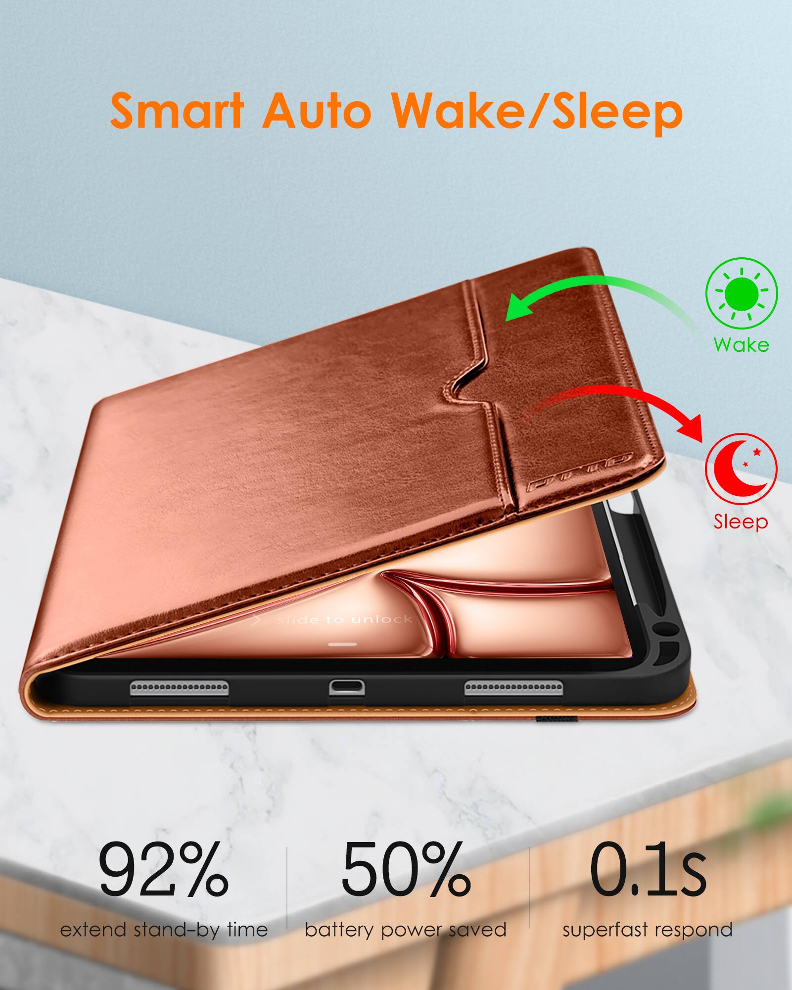 Smart Auto Wake/Sleep

- Slide to unlock
- 92% extend stand-by time
- 50% battery power saved
- 0.1s superfast respond
