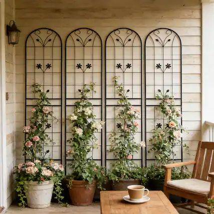 Front. Loheer - 4-Pack Metal Garden Trellis Panels for Climbing Plants, Outdoor Flower Support, Iron Construction - Black.