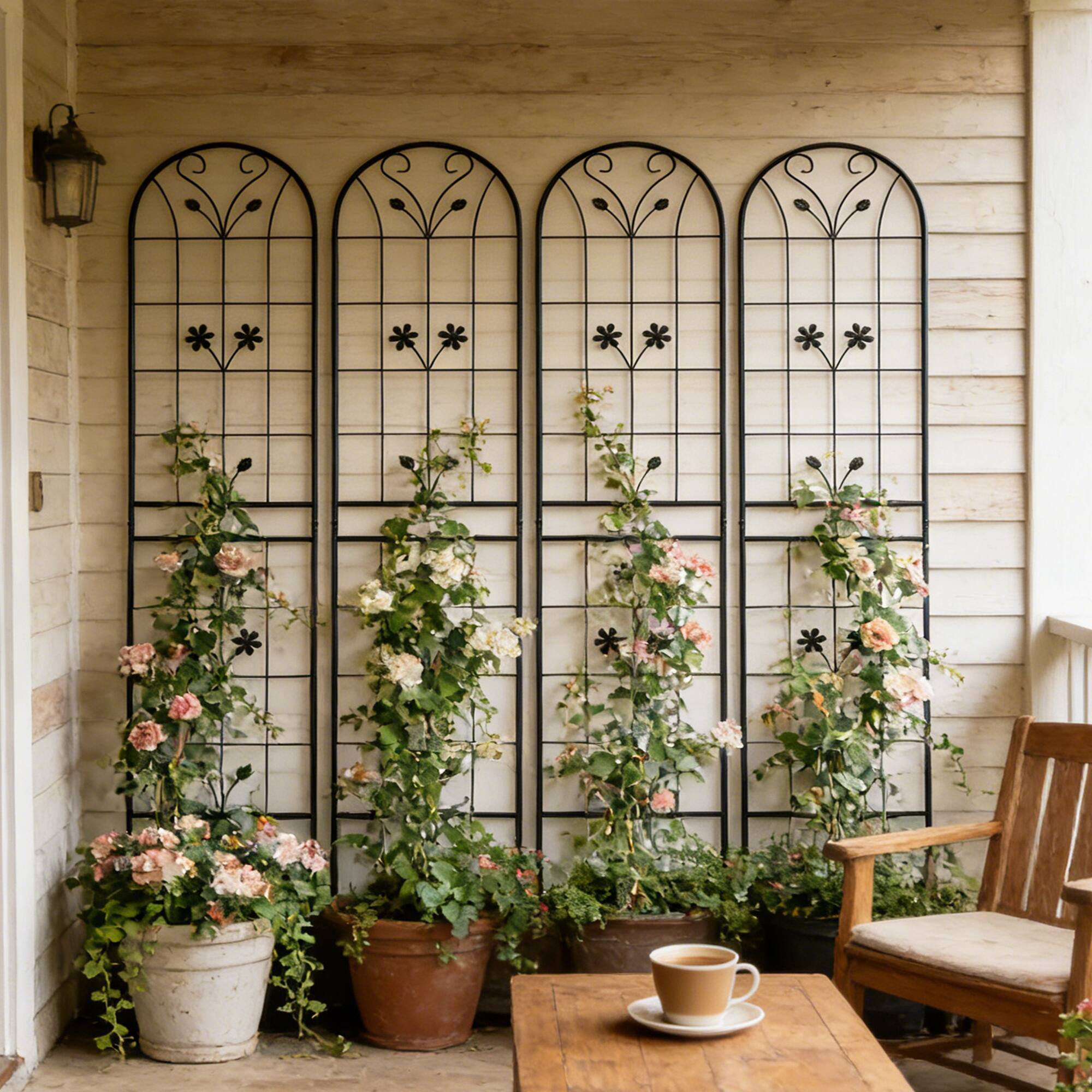 Front. Loheer - 4-Pack Metal Garden Trellis Panels for Climbing Plants, Outdoor Flower Support, Iron Construction - Black.
