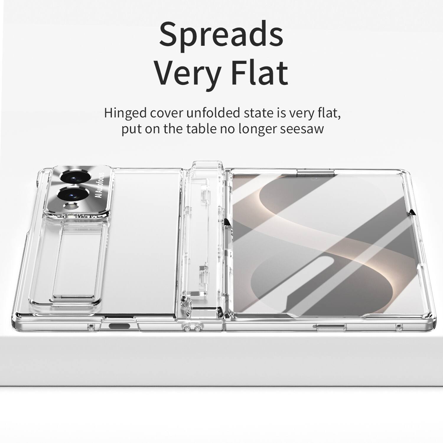 Spreads Very Flat

Hinged cover unfolded state is very flat, put on the table no longer seesaw