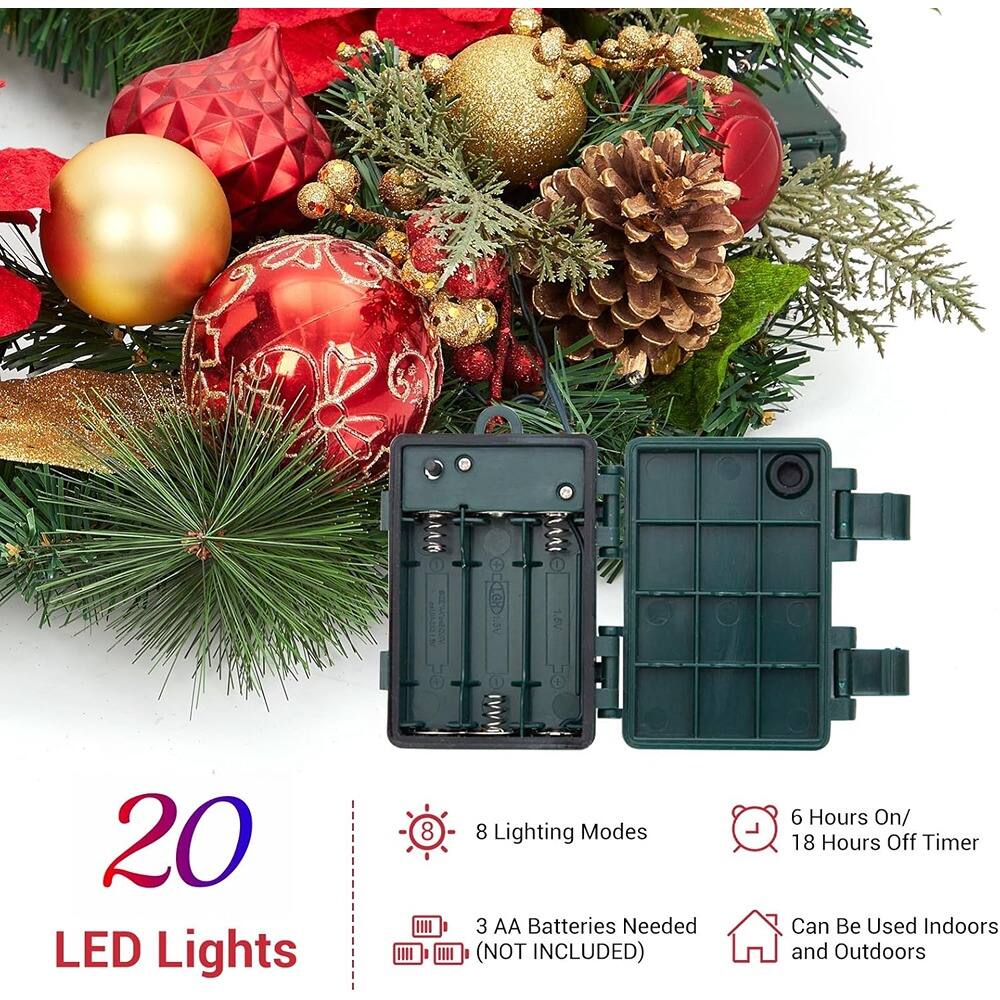 20 LED Lights  
8 Lighting Modes  
3 AA Batteries Needed (NOT INCLUDED)  
6 Hours On / 18 Hours Off Timer  
Can Be Used Indoors and Outdoors
