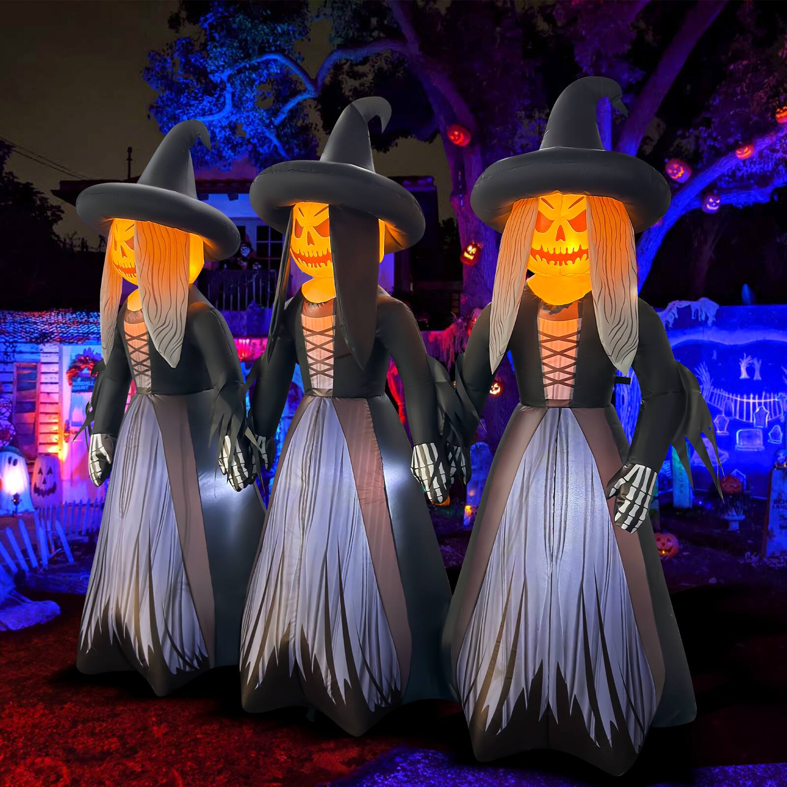 Left. GOOSH Inflatables - GOOSH 7FT Inflatable Trio of Pumpkin Witches – Light-Up Halloween Yard Decoration - Black.