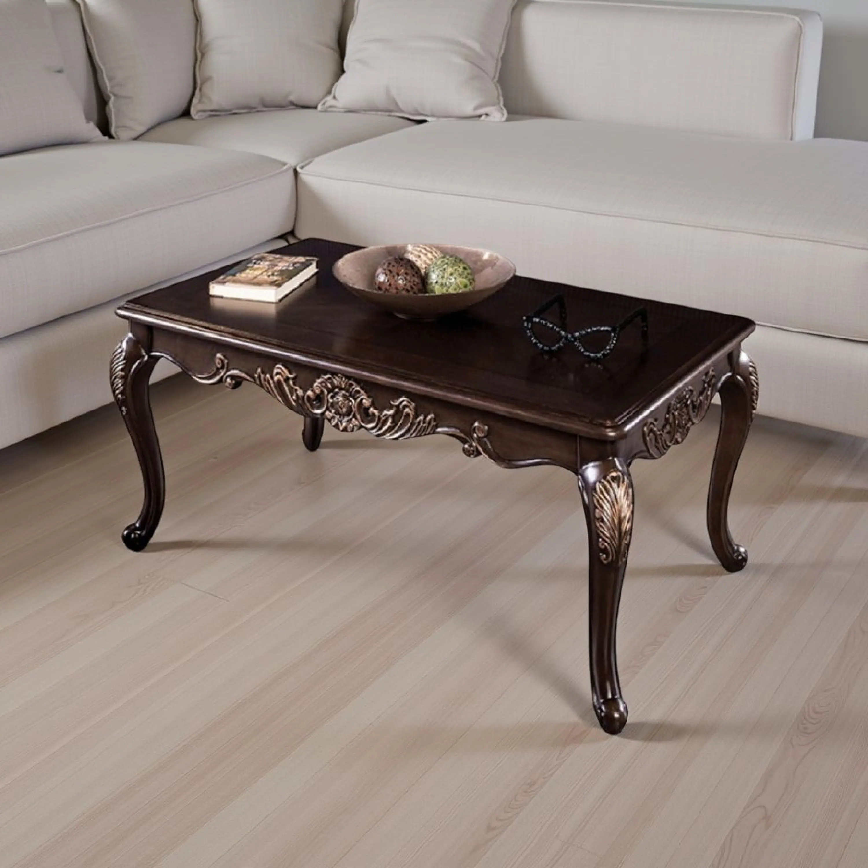Alt View 5. Manhattan Lane - Astor Coffee Table, 52 Inch Dark Cherry Brown Wood, Carved Details - Cherry Brown, Gold.