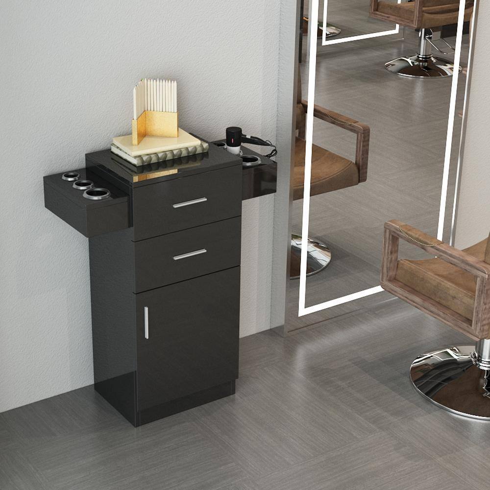 Left. Winado - Salon Station Barber Storage Cabinet with 2 drawers & Cabinet & 6 Hair Dryer Holders for Hair Styling Makeup Beauty Spa - Black.
