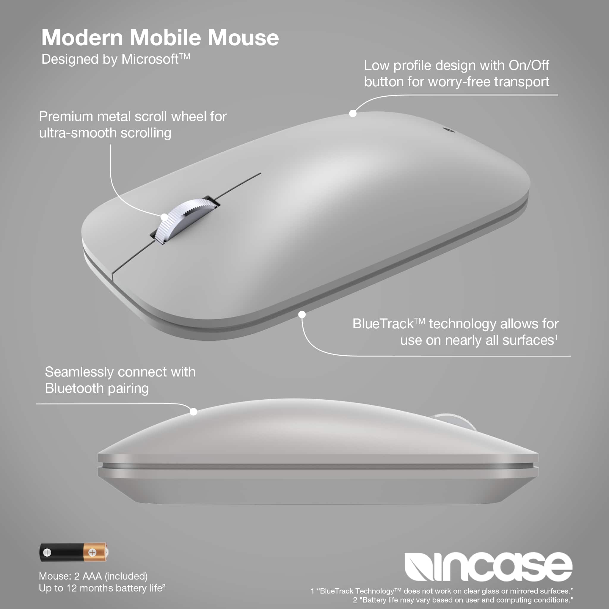 The image features a modern mobile mouse designed by Microsoft. The mouse has a low profile design with an On/Off button for worry-free transport. It also includes a premium metal scroll wheel for ultra-smooth scrolling. The mouse is equipped with BlueTrack technology, which allows for use on nearly all surfaces. The design seamlessly connects with Bluetooth pairing, and the mouse requires two AAA batteries (included) for power. The battery life can vary based on user and computing conditions.