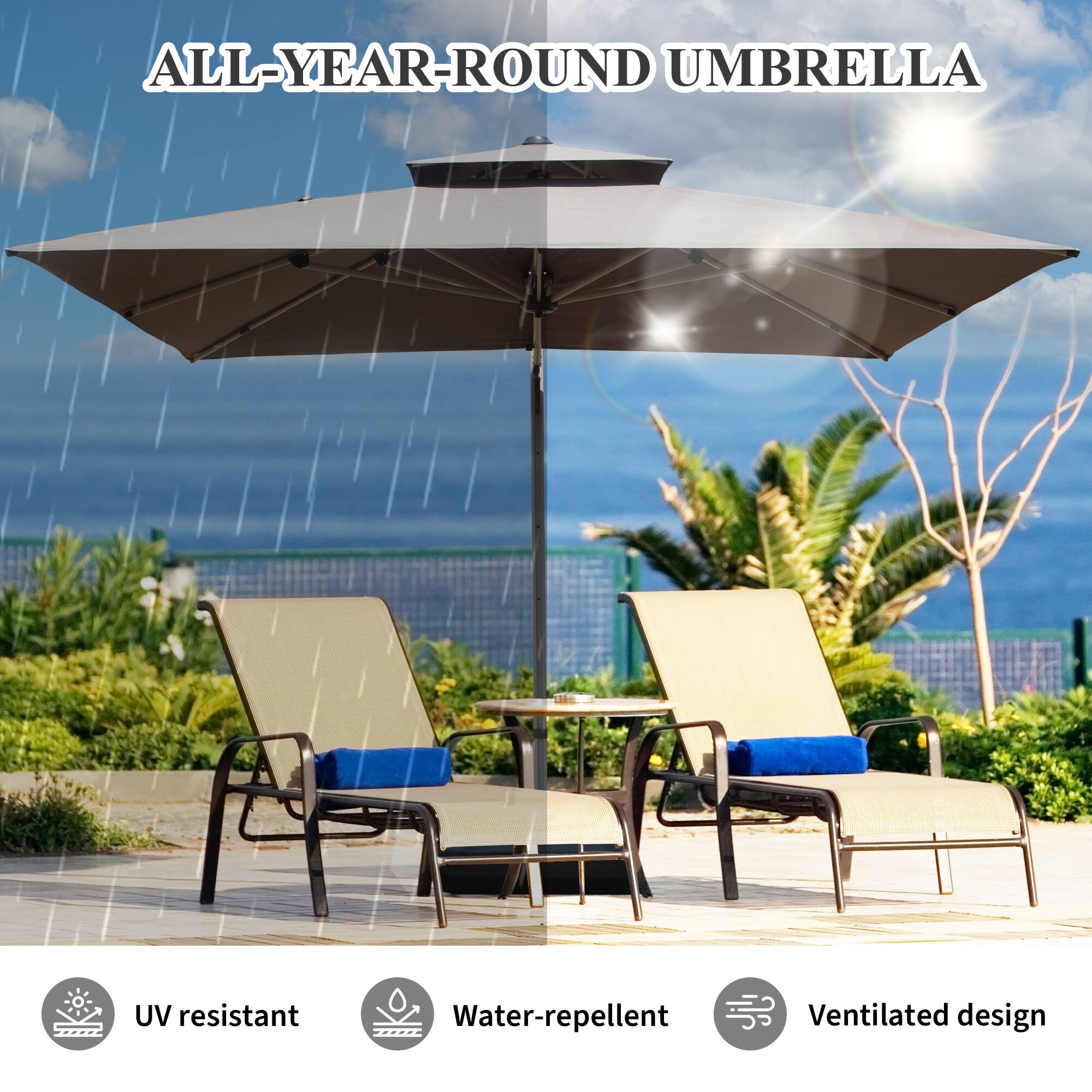 ALL-YEAR-ROUND UMBRELLA

- UV resistant
- Water-repellent
- Ventilated design