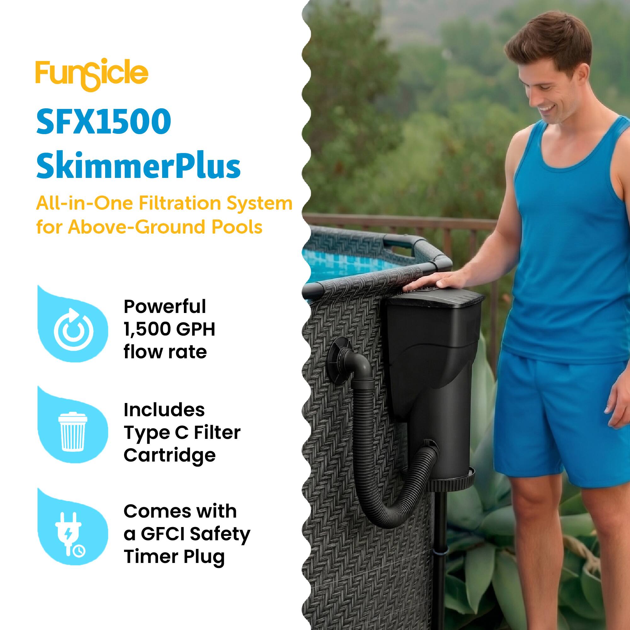 FunSicle SFX1500 SkimmerPlus All-in-One Filtration System for Above-Ground Pools Powerful 1,500 GPH flow rate Includes Type C Filter Cartridge Comes with a GFCI Safety Timer Plug