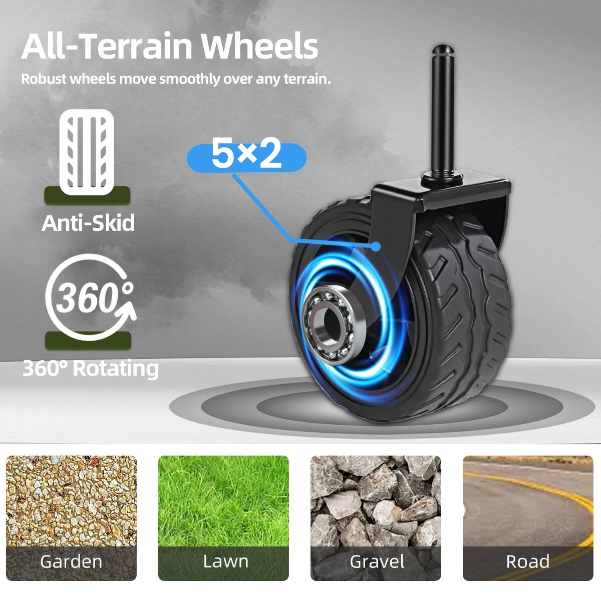 All-Terrain Wheels  
Robust wheels move smoothly over any terrain.  

5x2  
Anti-Skid  
360° Rotating  

Garden  
Lawn  
Gravel  
Road