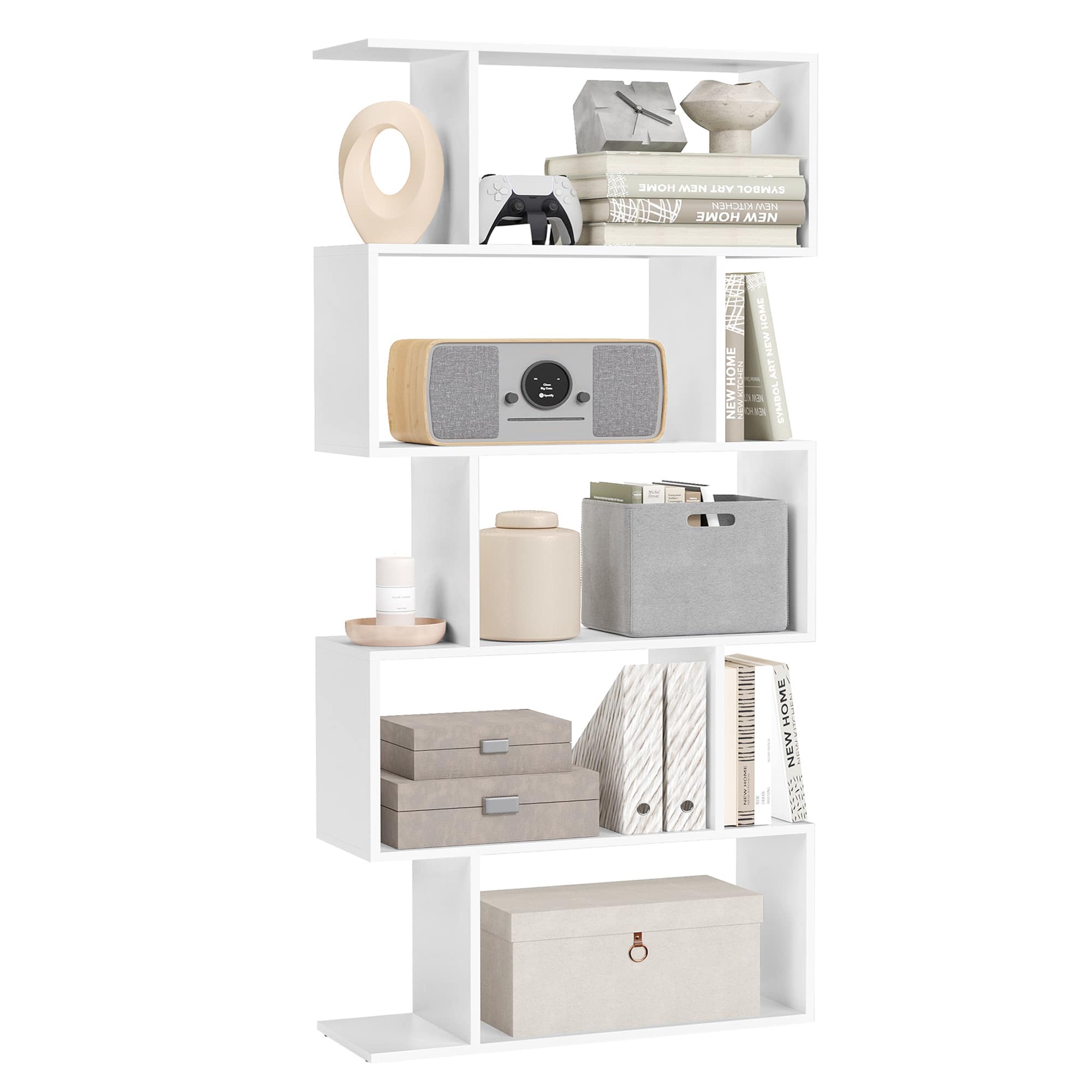 Songmics Home - Wooden Bookcase, 5-Tier Display Shelf and Room Divider, Freestanding Decorative Storage Shelving Bookshelf - White