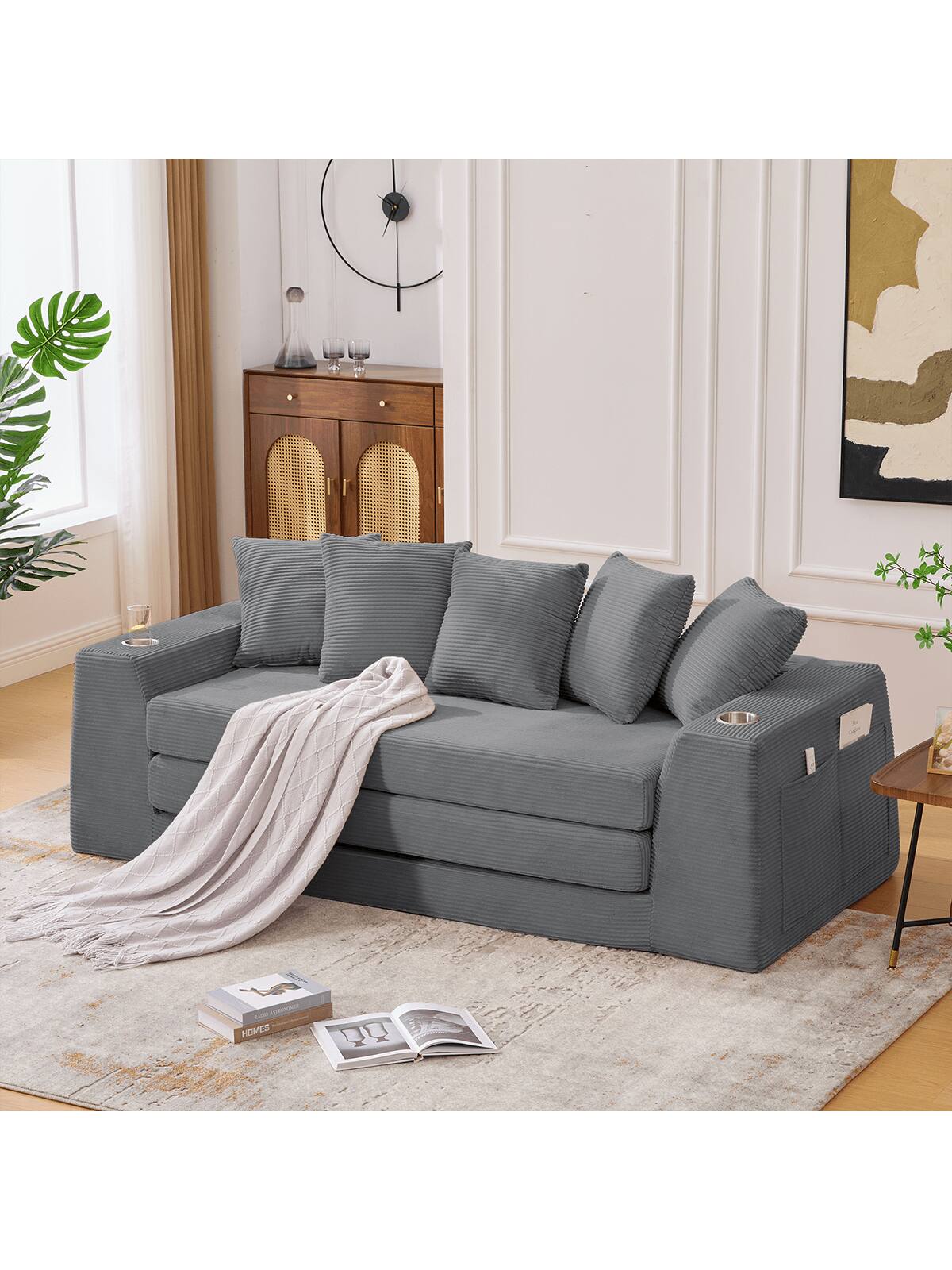 Alt View 1. Trinkets Crazed - 82.25" Convertible Sofa Bed, Loveseat Sleeper Sofa, 2 In 1 Sofa, Corduroy Pull Out Sofa Bed, 5 Pillows, Side Pocket - Dark Gray.