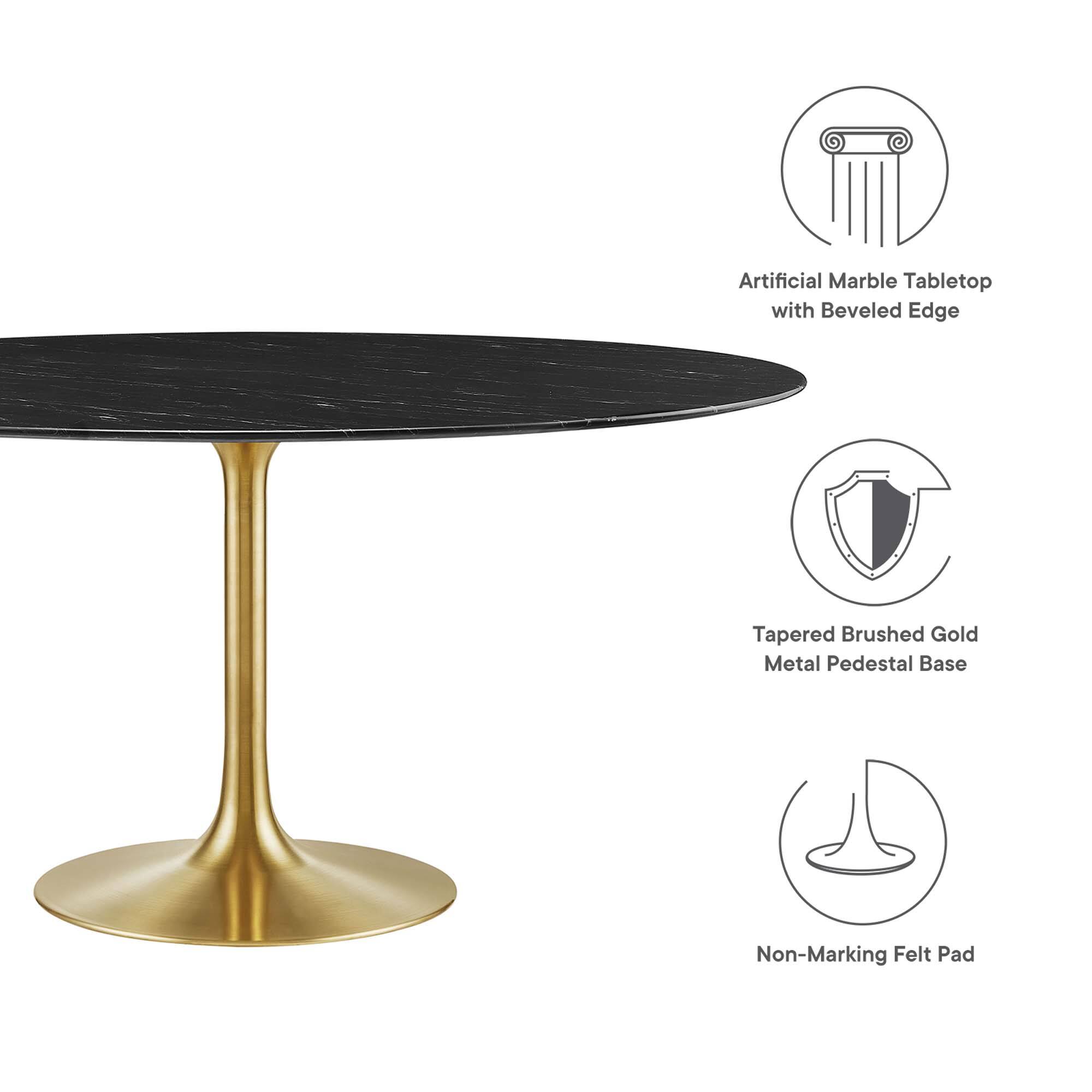 Artificial Marble Tabletop with Beveled Edge  
Tapered Brushed Gold Metal Pedestal Base  
Non-Marking Felt Pad