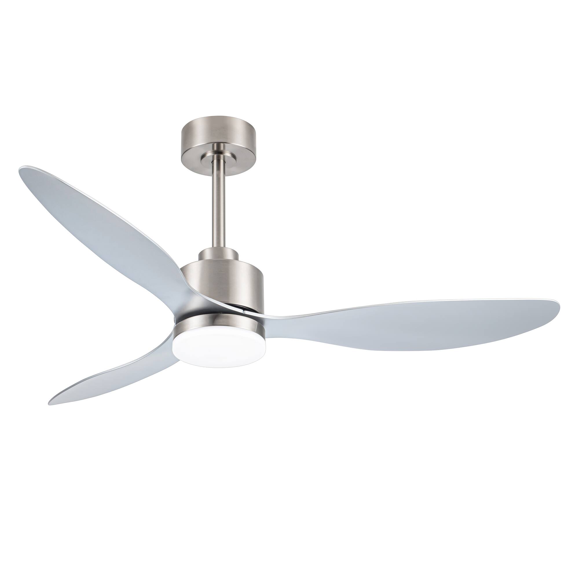 Angle. Breezary - 52" Indoor Ceiling Fan, 3 ABS Blades, 6-Speed DC Motor, Remote Control, Memory/Timer, 3-Color LED Light, 5"/10" Downrods - Brushed Nickel and Silver.