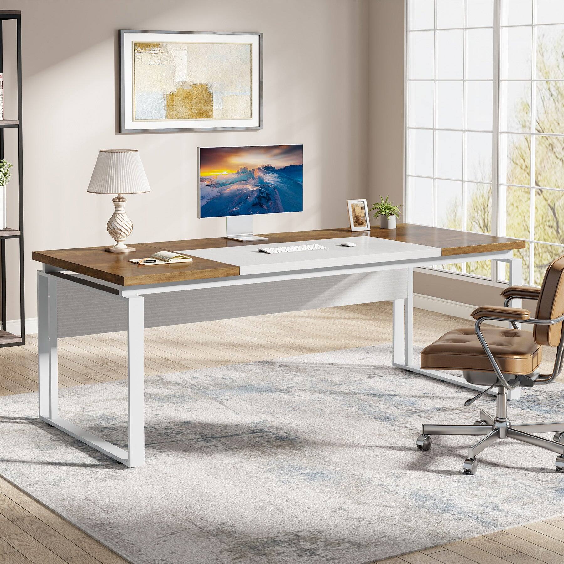 Alt View 1. Tribesigns - Office Computer Desk with Metal Frame, Storage Drawers, for Computer Work, Writing and Study in Home Offices - Brown.