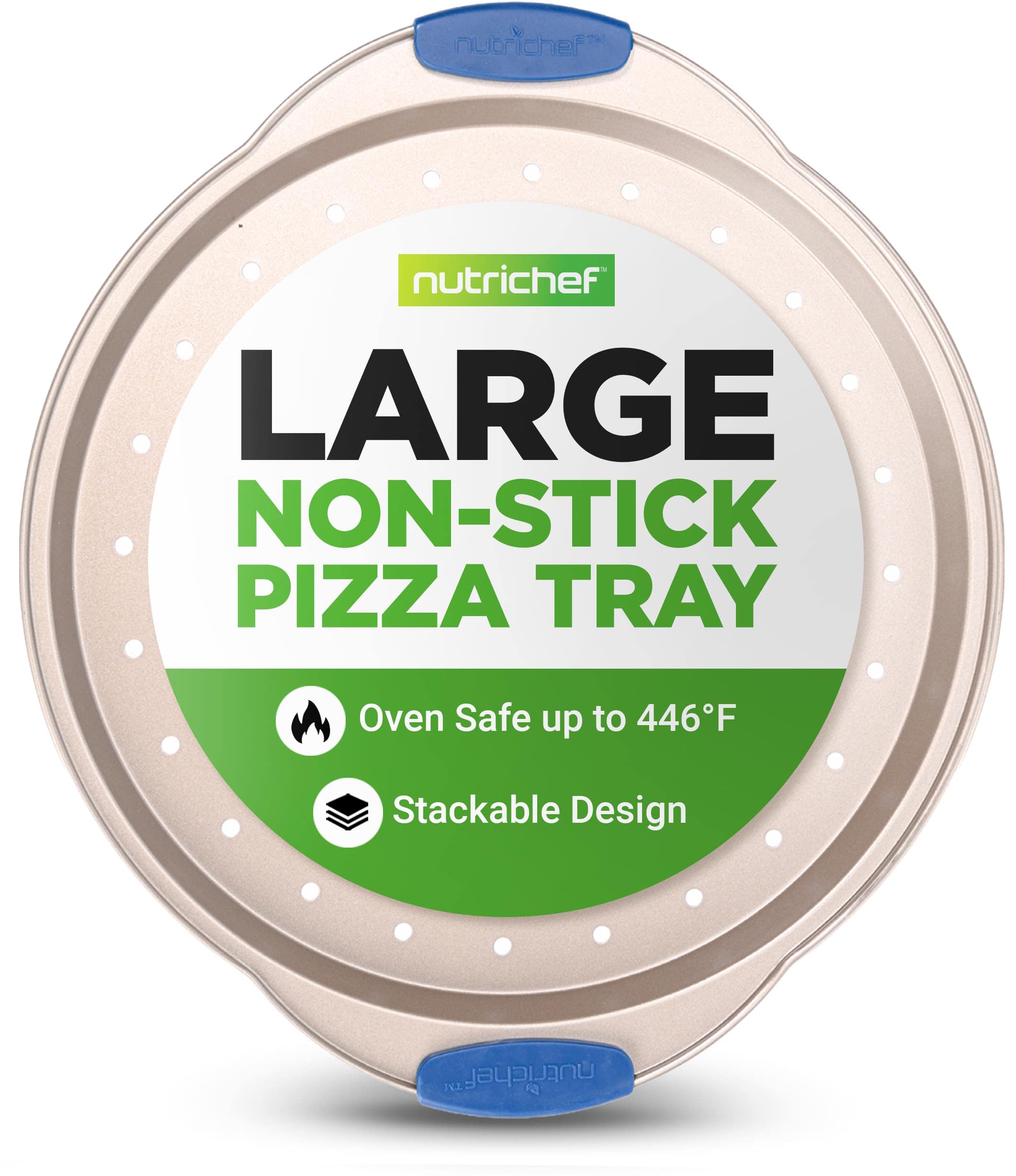 NutriChef - 13-Inch Nonstick Pizza Tray, Round Steel Non-stick Pan with Perforated Holes, Champagne Gold