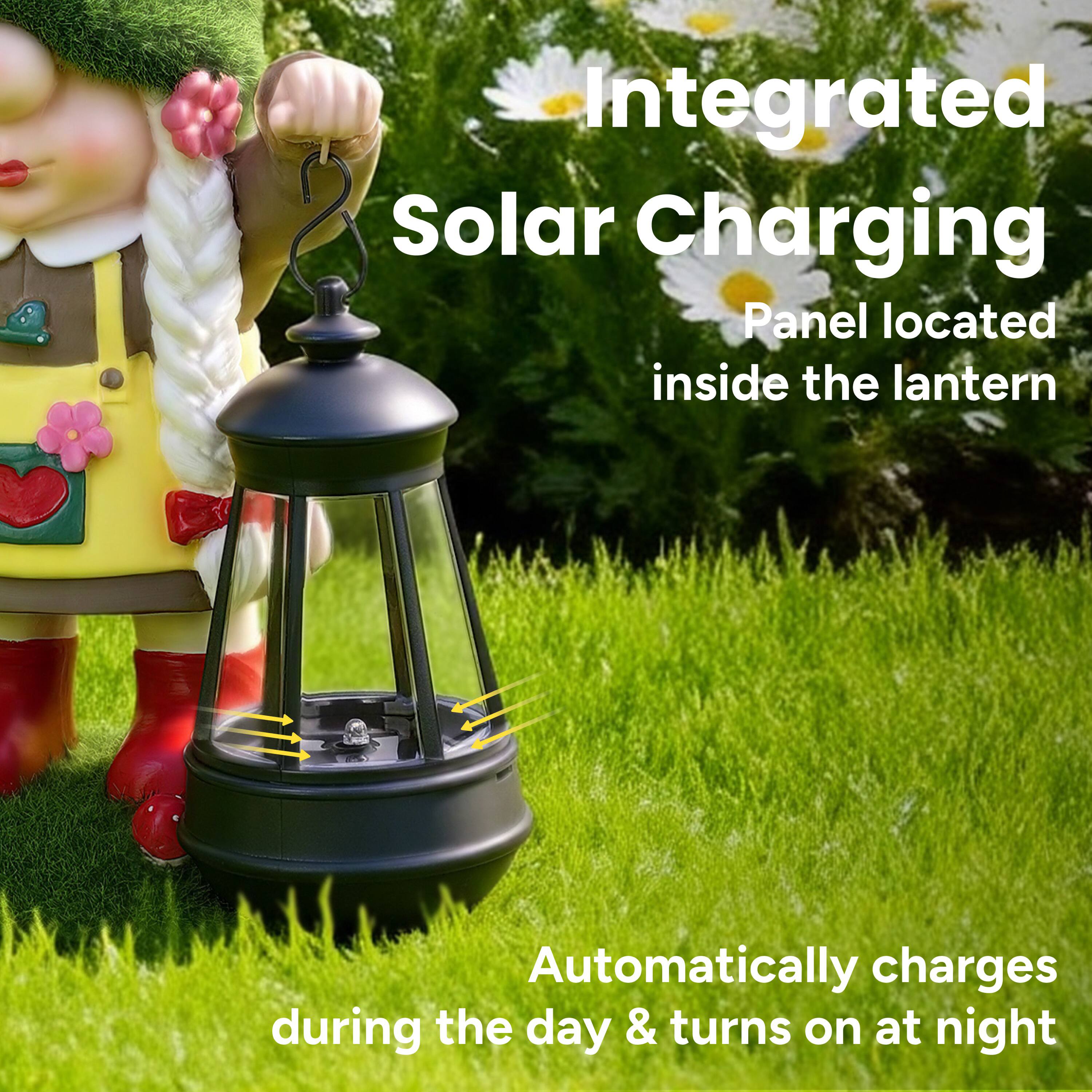 Integrated Solar Charging Panel located inside the lantern  
Automatically charges during the day & turns on at night
