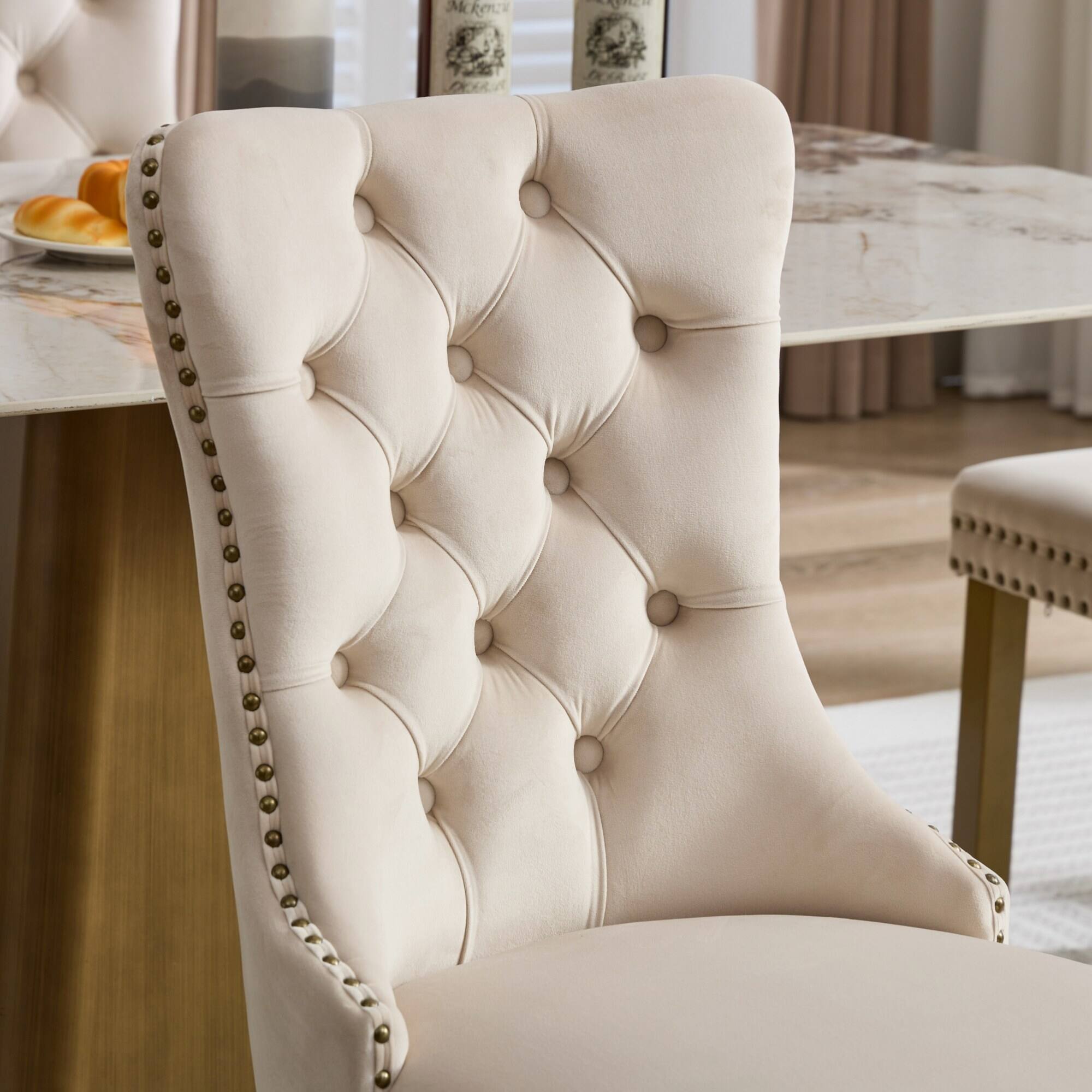 Alt View 6. GOODSILO - Modern Tufted Velvet Dining Chairs with Lion Head Pull Rings and Golden Wooden Legs, Set of 2 - Beige.