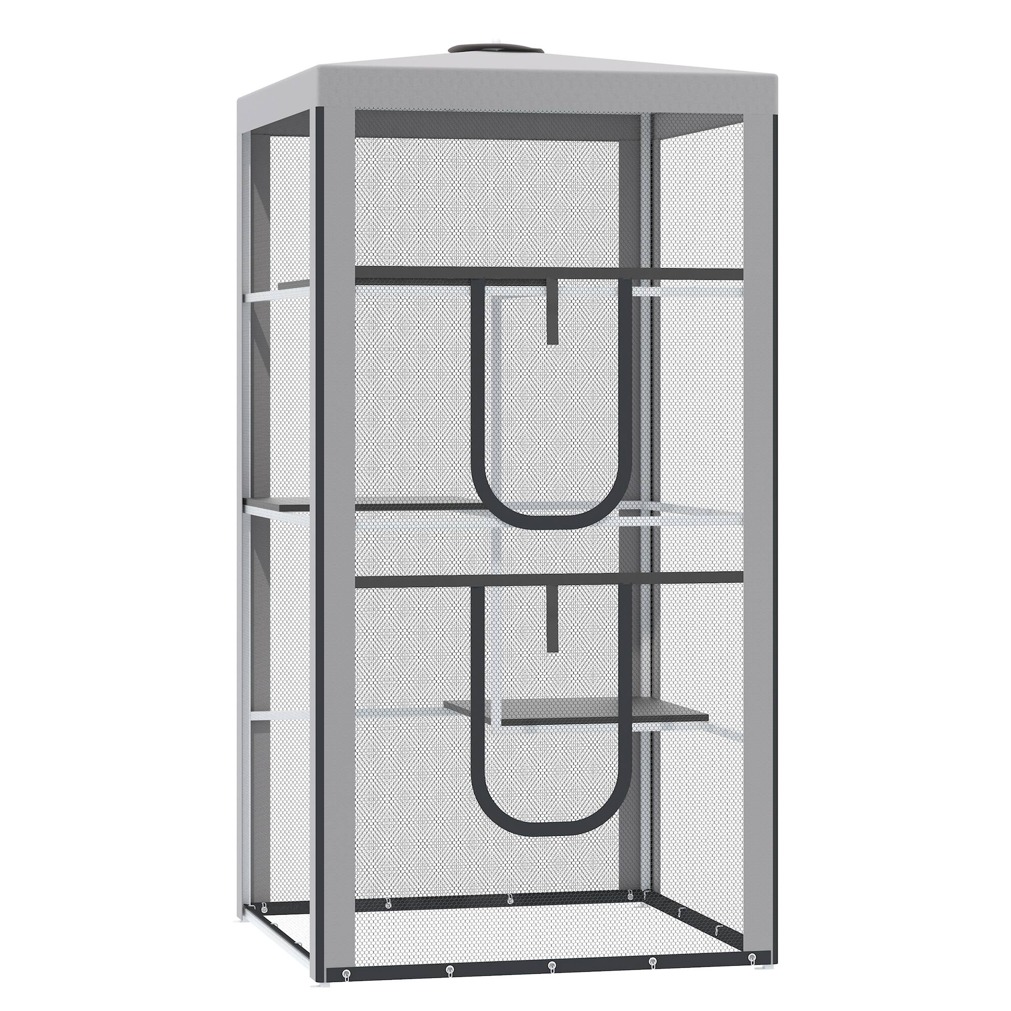 Front. Pawhut - 79"H Cat House Kitten Enclosure Mesh Playpen Steel Frame with 3 Platforms, 2 Doors, 4 Sandbags for Stability.